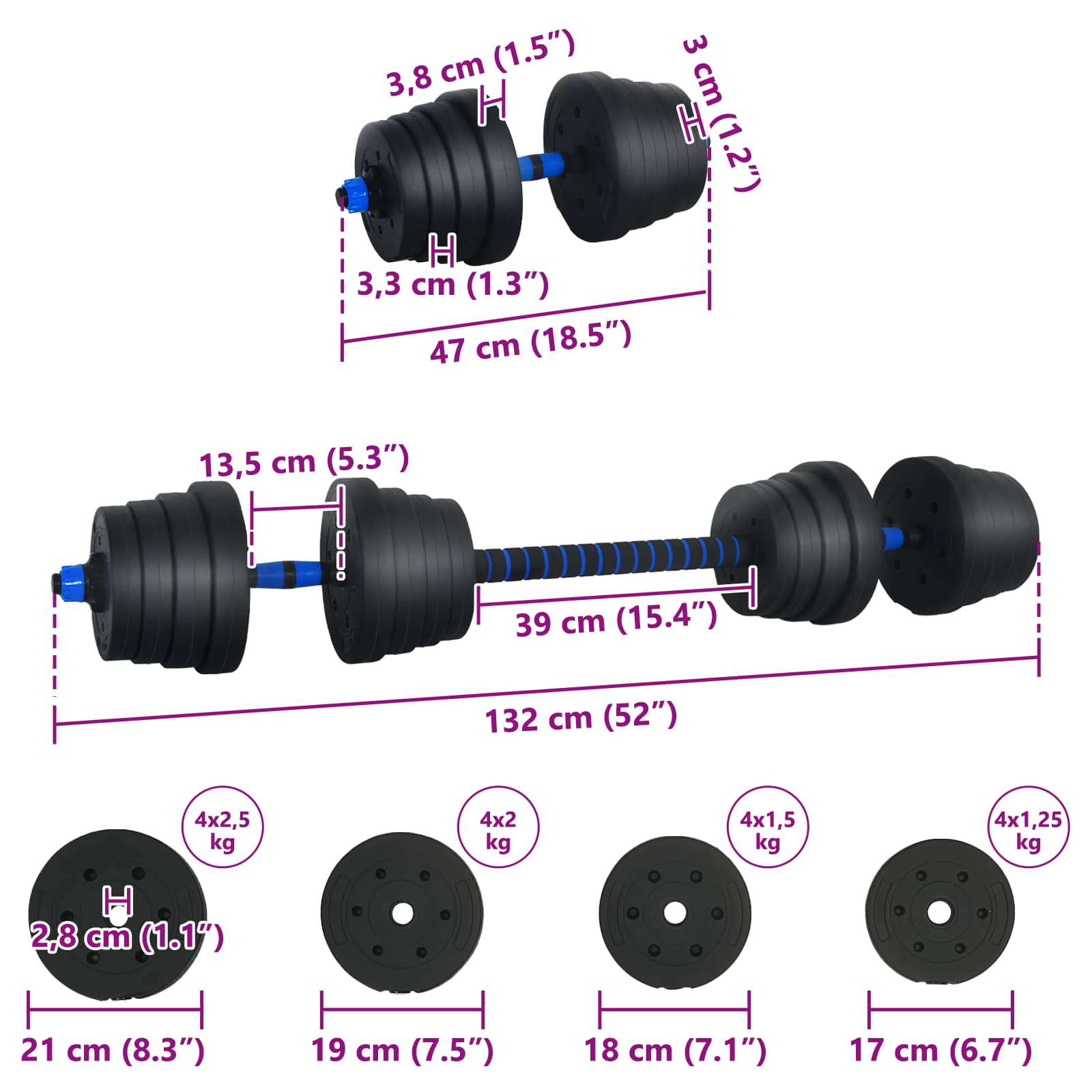2-in-1 Halter-Barbell Set 30 kg Zwart en Blauw is nu te koop bij PeponiXL, paradijselijk wonen!