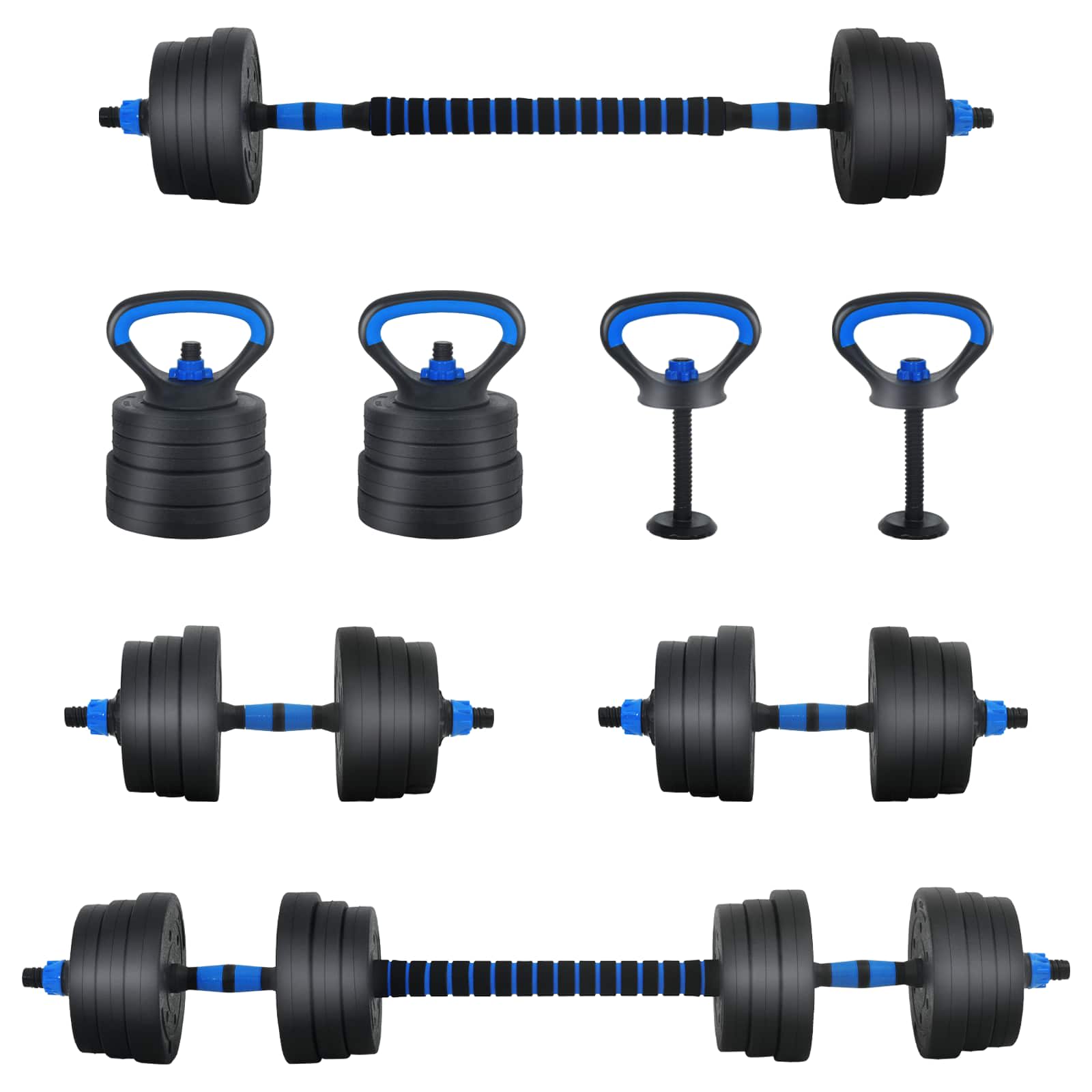 4-in-1 Dumbbell Barbell Kettlebell Set 20 kg Zwart en Blauw is nu te koop bij PeponiXL, paradijselijk wonen!