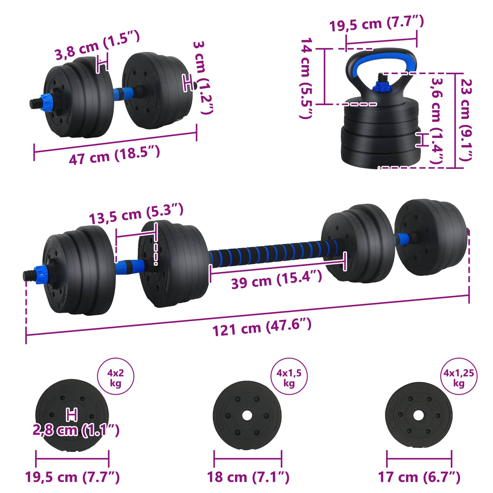 4-in-1 Dumbbell Barbell Kettlebell Set 20 kg Zwart en Blauw is nu te koop bij PeponiXL, paradijselijk wonen!