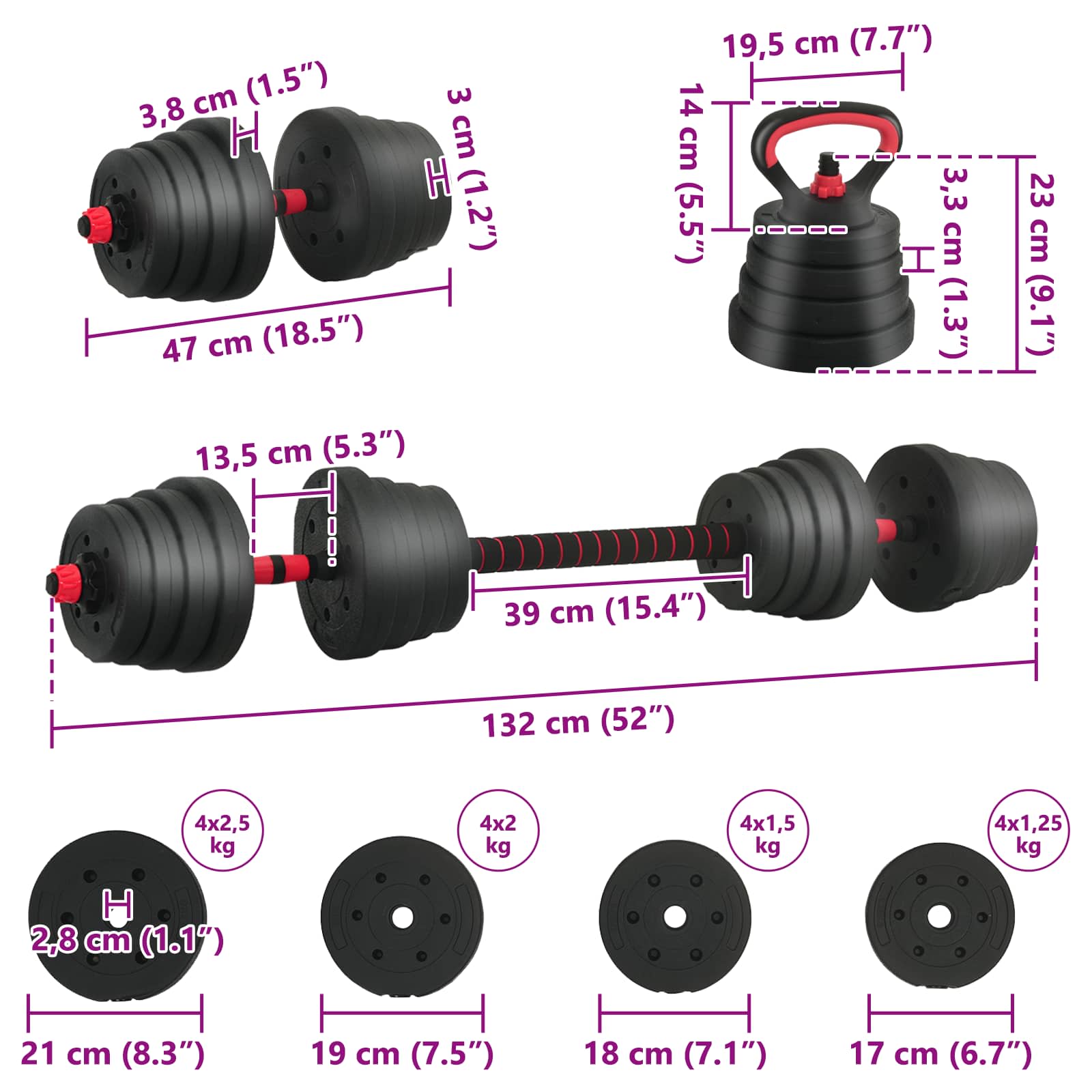 4-in-1 Dumbbell Barbell Kettlebell Set 30 kg Zwart en Rood is nu te koop bij PeponiXL, paradijselijk wonen!