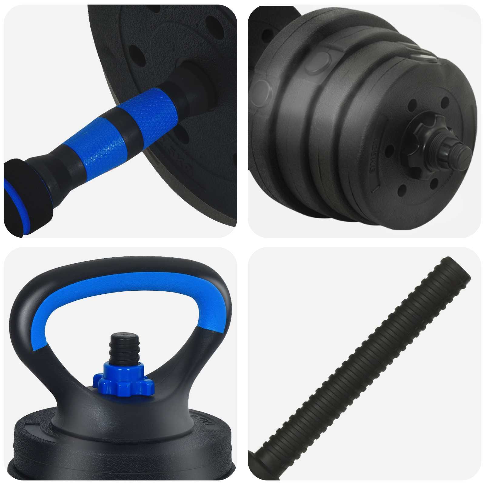 4-in-1 Dumbbell Barbell Kettlebell Set 30 kg Zwart en Blauw is nu te koop bij PeponiXL, paradijselijk wonen!
