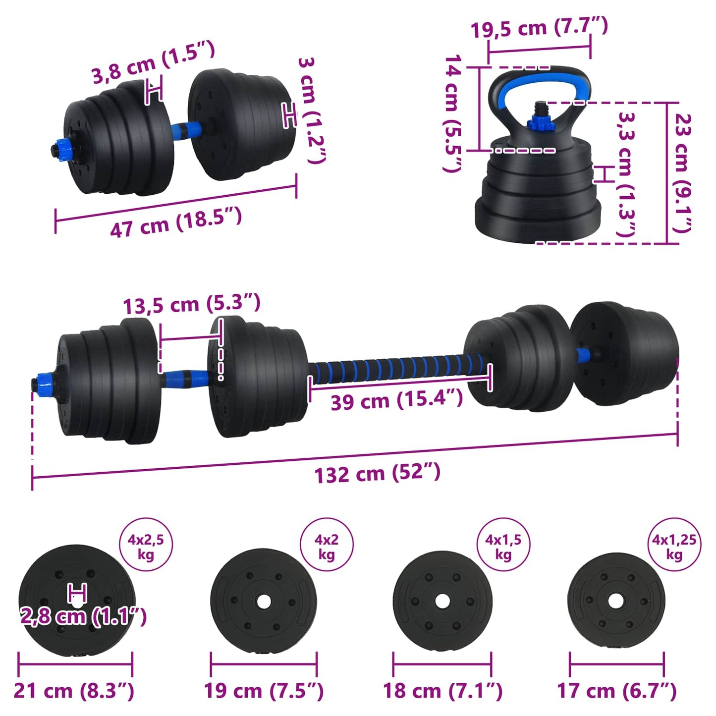 4-in-1 Dumbbell Barbell Kettlebell Set 30 kg Zwart en Blauw is nu te koop bij PeponiXL, paradijselijk wonen!