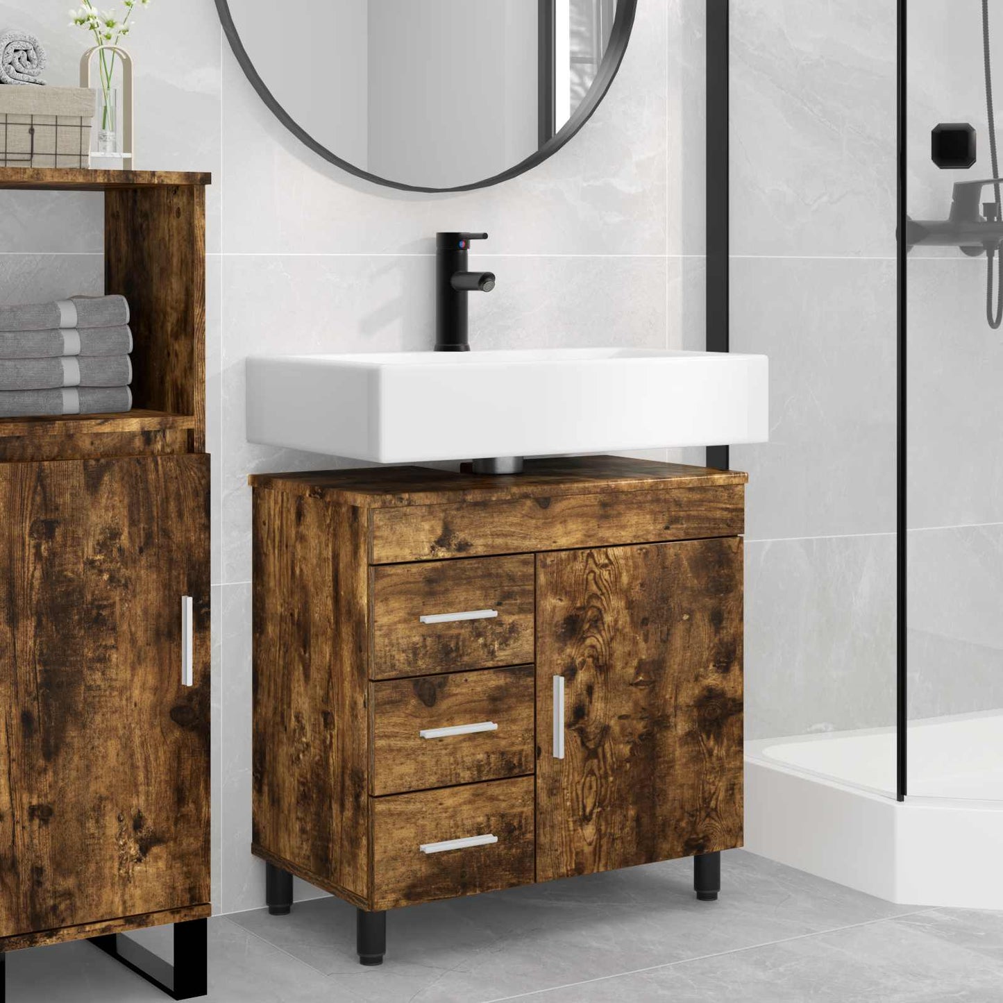 Badkamer Waskom Gerookt eiken 60 x 35 x 60 cm Bewerkt hout is nu te koop bij PeponiXL, paradijselijk wonen!
