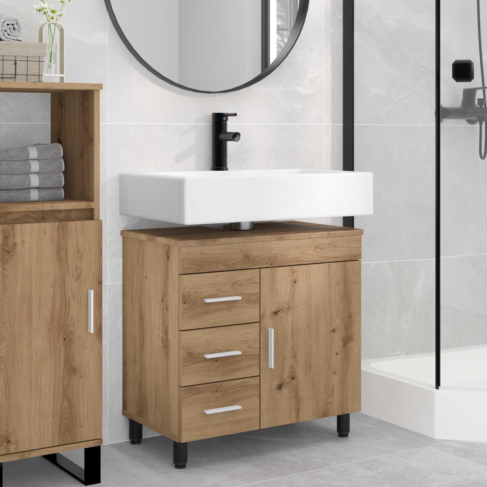 Badkamer Waskom Artisanaal eiken 60 x 35 x 60 cm Bewerkt hout is nu te koop bij PeponiXL, paradijselijk wonen!