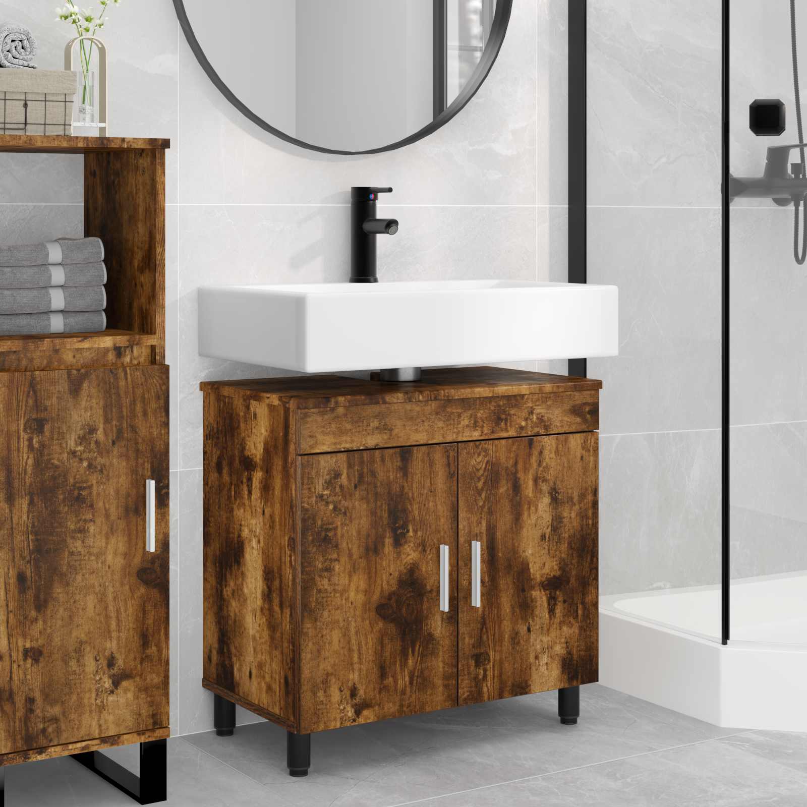 Badkamer Waskom Gerookt eiken 60 x 35 x 60 cm Bewerkt hout is nu te koop bij PeponiXL, paradijselijk wonen!