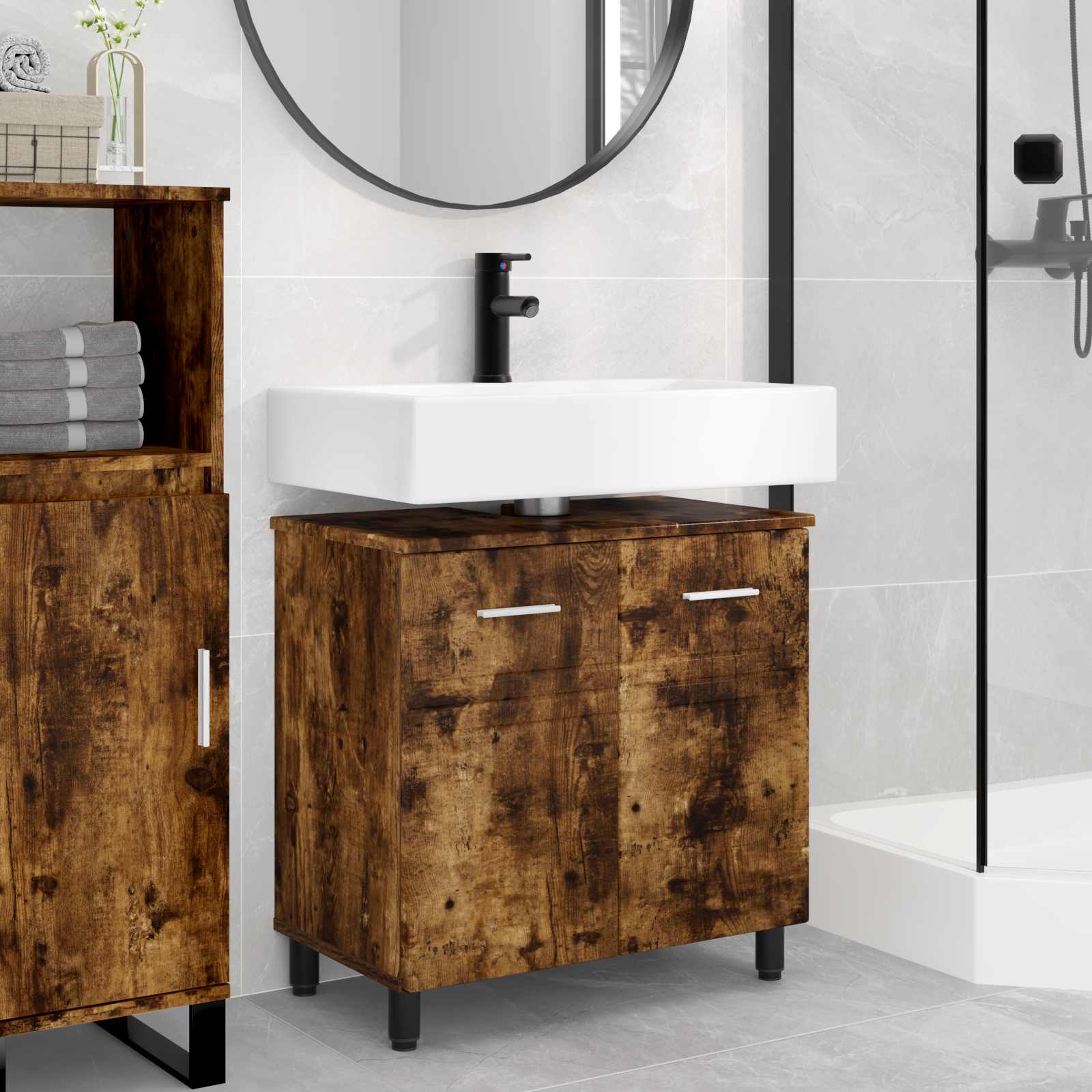 Badkamer Waskom Gerookt eiken 60 x 35 x 60 cm Bewerkt hout is nu te koop bij PeponiXL, paradijselijk wonen!