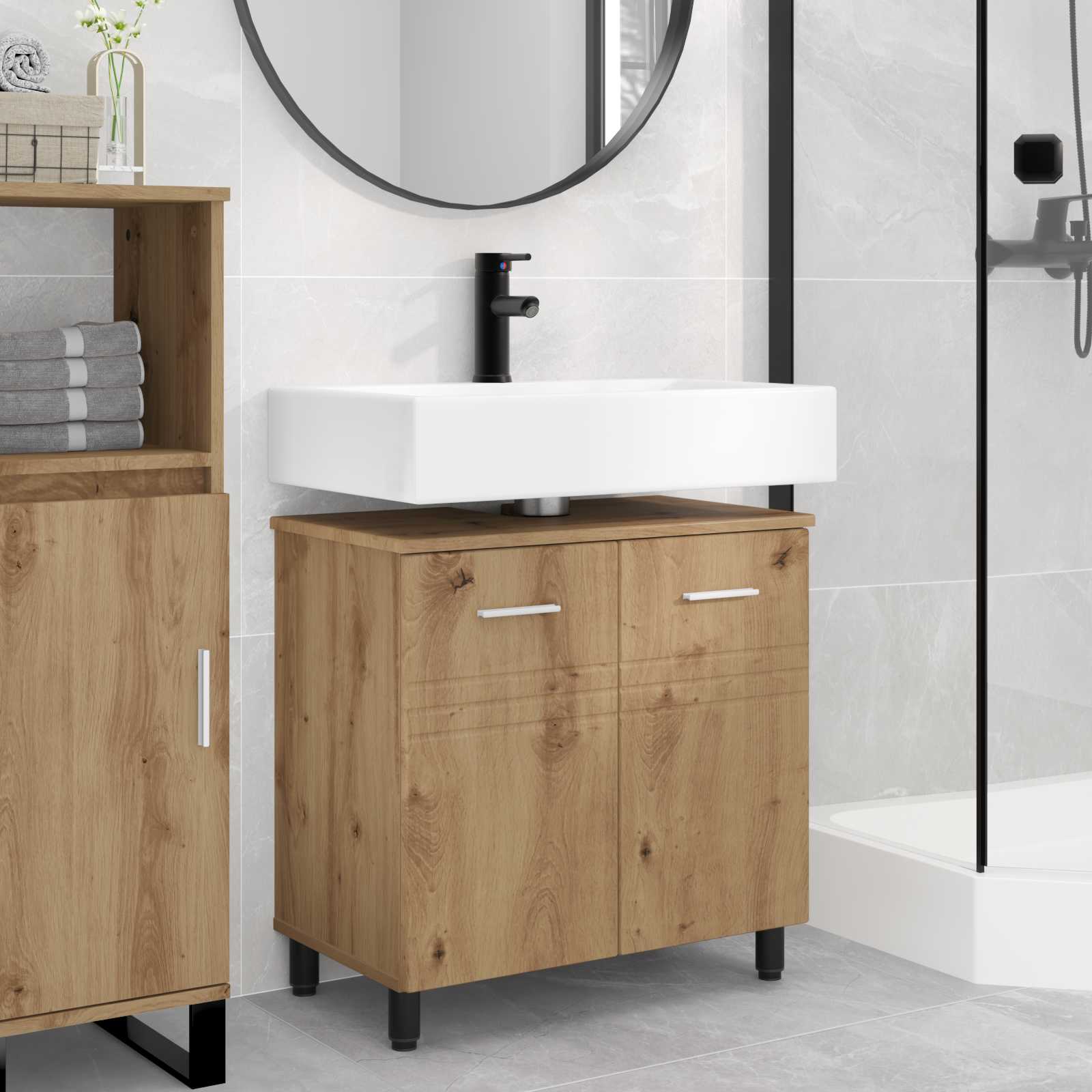 Badkamer Waskom Artisanaal eiken 60 x 35 x 60 cm Bewerkt hout is nu te koop bij PeponiXL, paradijselijk wonen!