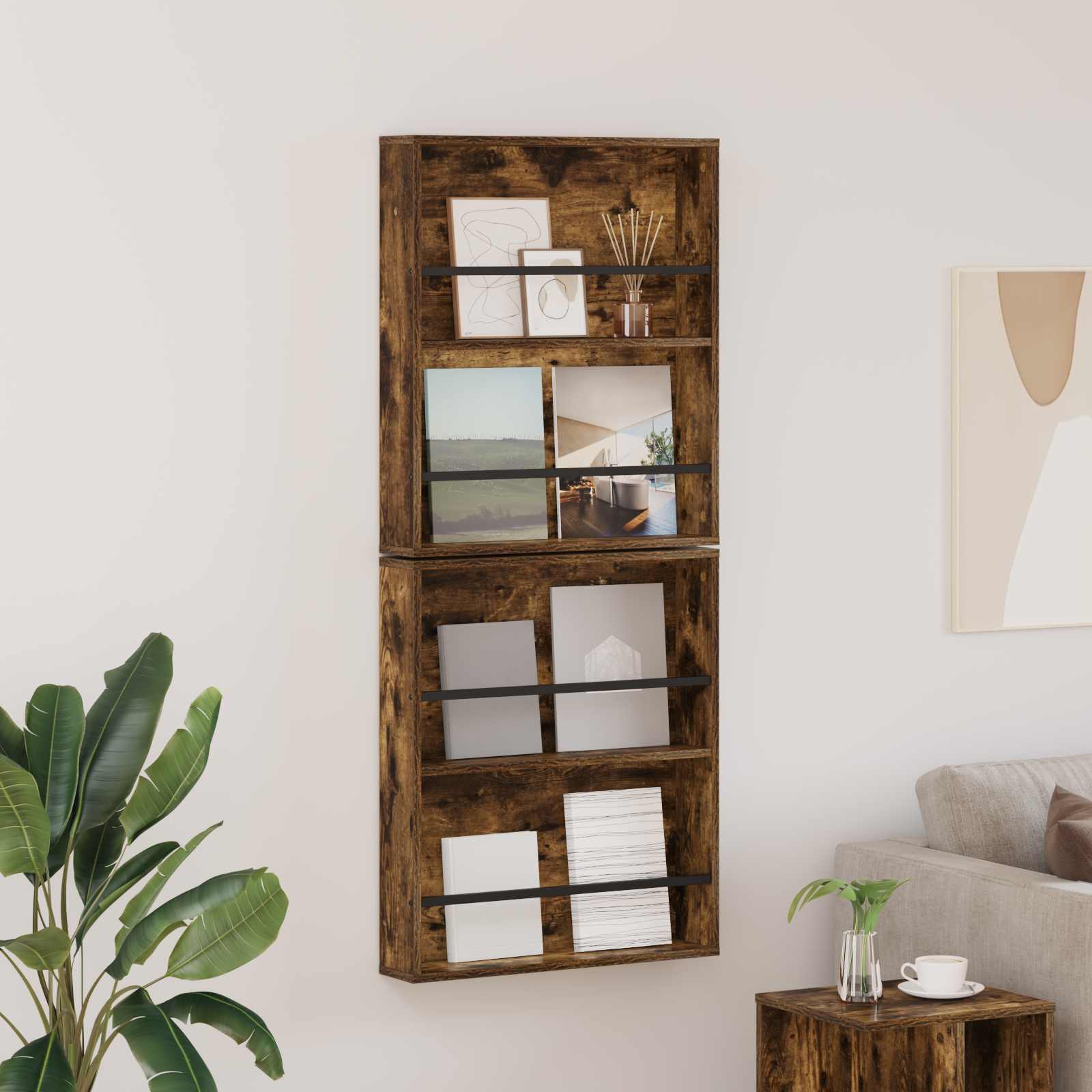 Tijdschrift Rek met plank 2 pcs Gerookt eiken 60 x 12 x 70 cm is nu te koop bij PeponiXL, paradijselijk wonen!