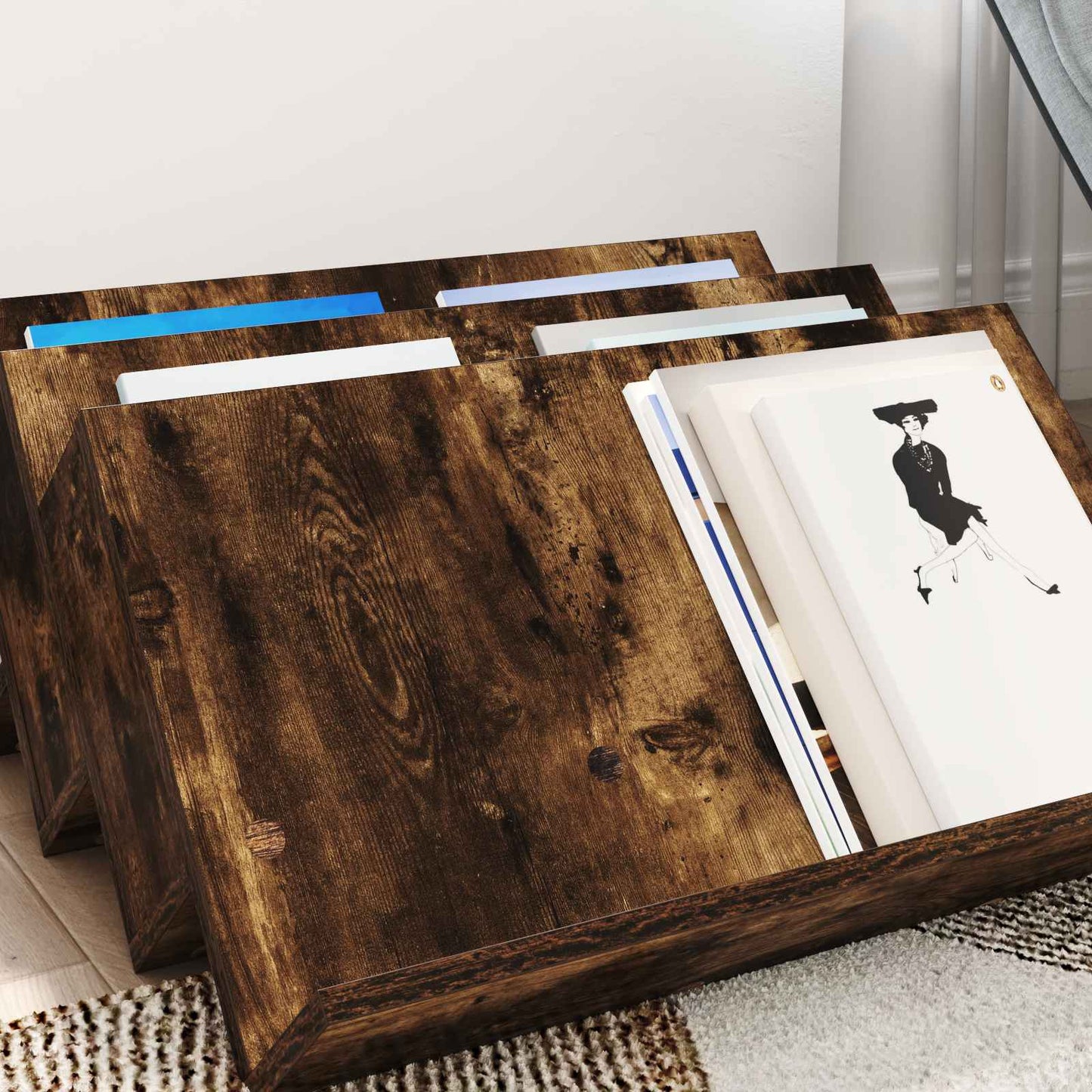 Tijdschrift Rek Gerookt eiken 65 x 53 x 28,5 cm Bewerkt hout is nu te koop bij PeponiXL, paradijselijk wonen!