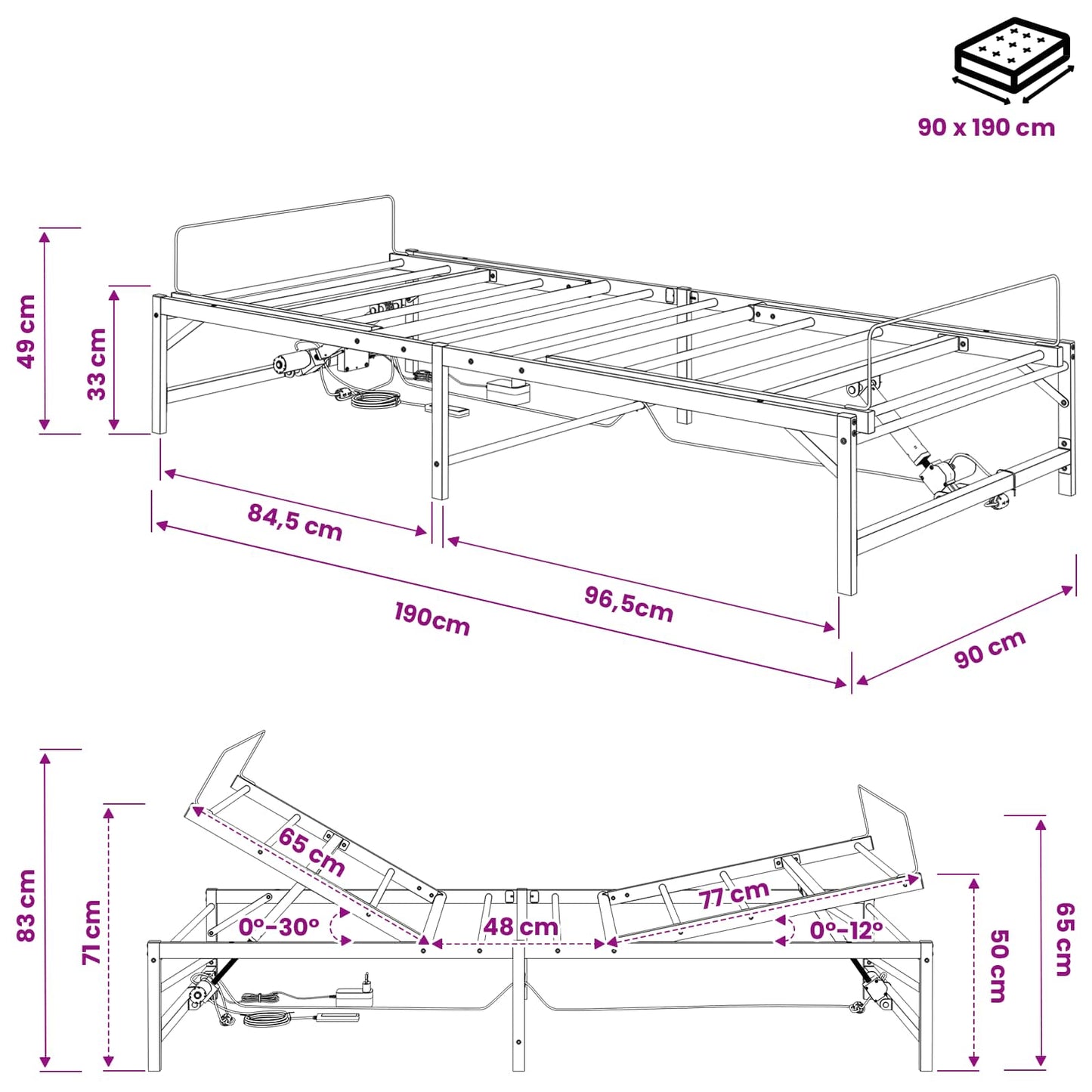 Elektrisch Verstelbaar Bedframe Wit 90 x 190 cm Staal
