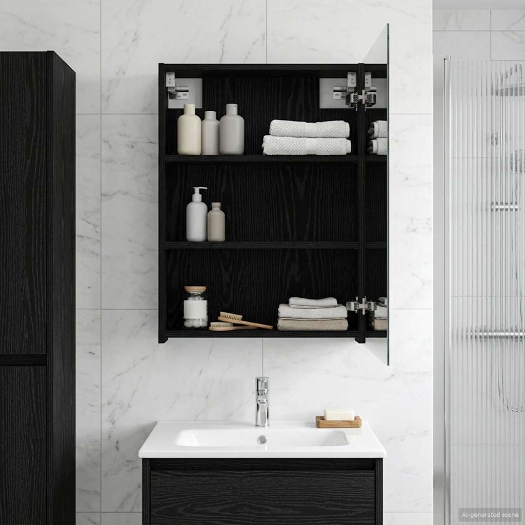 Badkamer spiegelkast Zwart Eiken 50 x 14,5 x 70 cm Bewerkt hout is nu te koop bij PeponiXL, paradijselijk wonen!