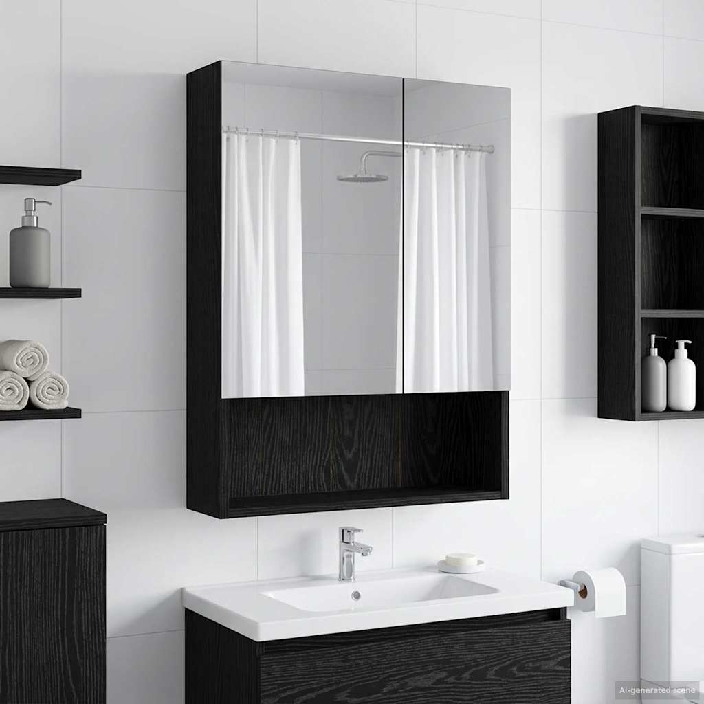Badkamer spiegelkast Zwart Eiken 50 x 14,5 x 70 cm Bewerkt hout is nu te koop bij PeponiXL, paradijselijk wonen!