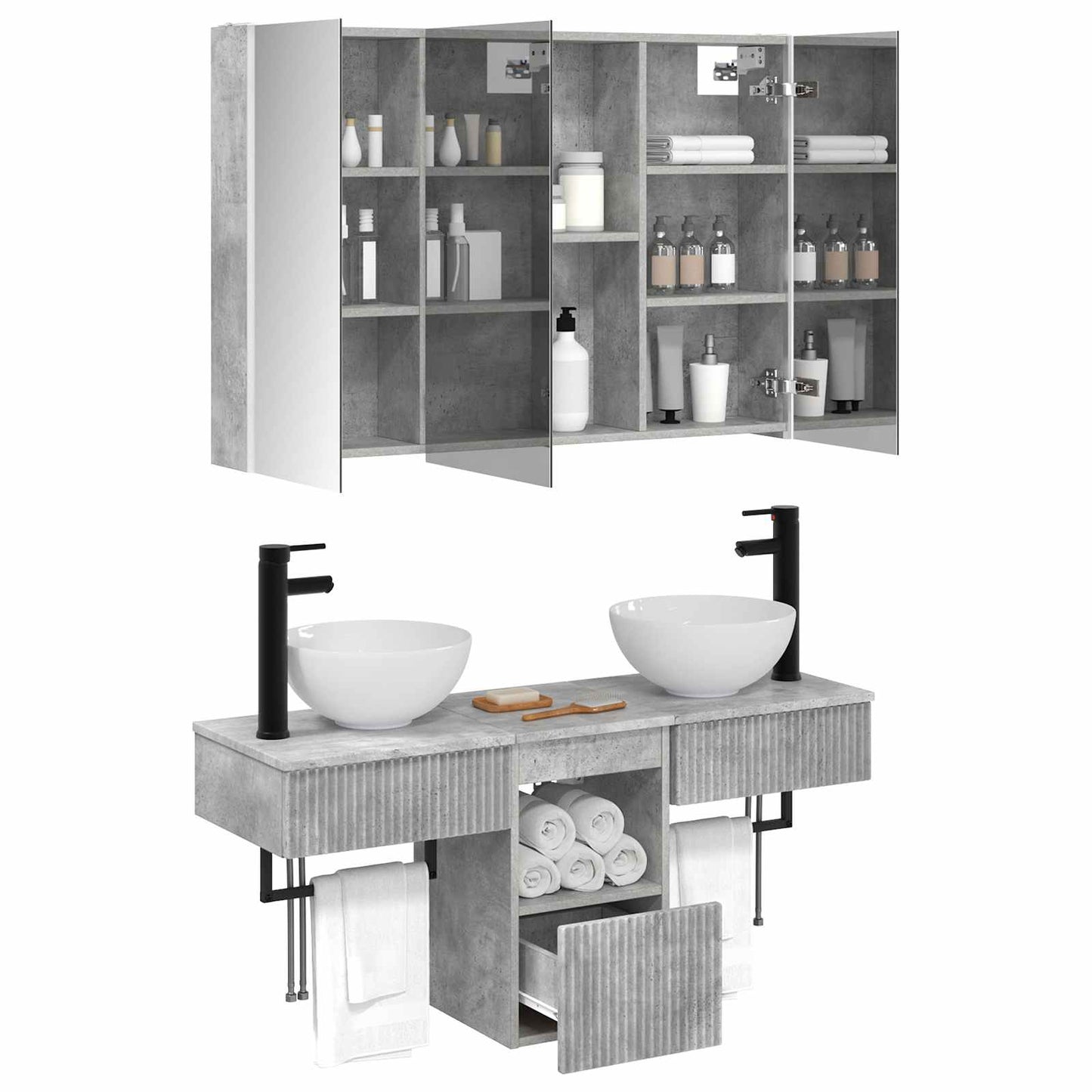 Badkamerkastenset 4 pcs Betongrijs 103,5 x 15,5 x 70 cm