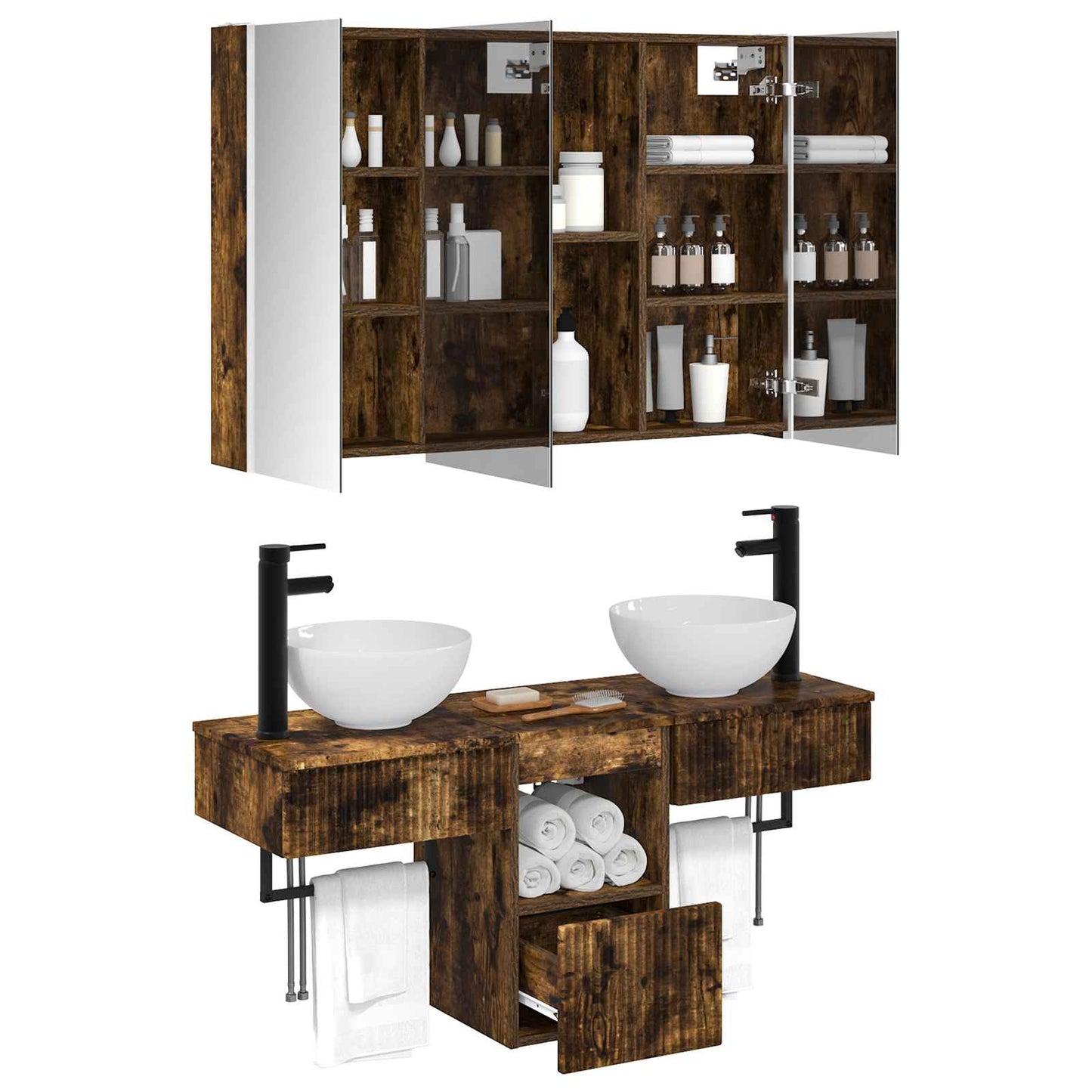 Badkamerkastenset 4 pcs Gerookt eiken 103,5 x 15,5 x 70 cm