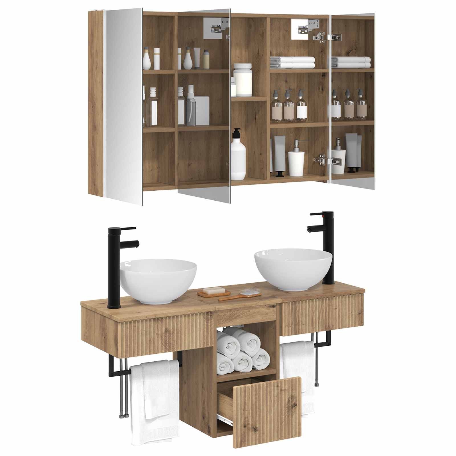 Badkamerkastenset 4 st Artisanaal eiken Bewerkt hout is nu te koop bij PeponiXL, paradijselijk wonen!