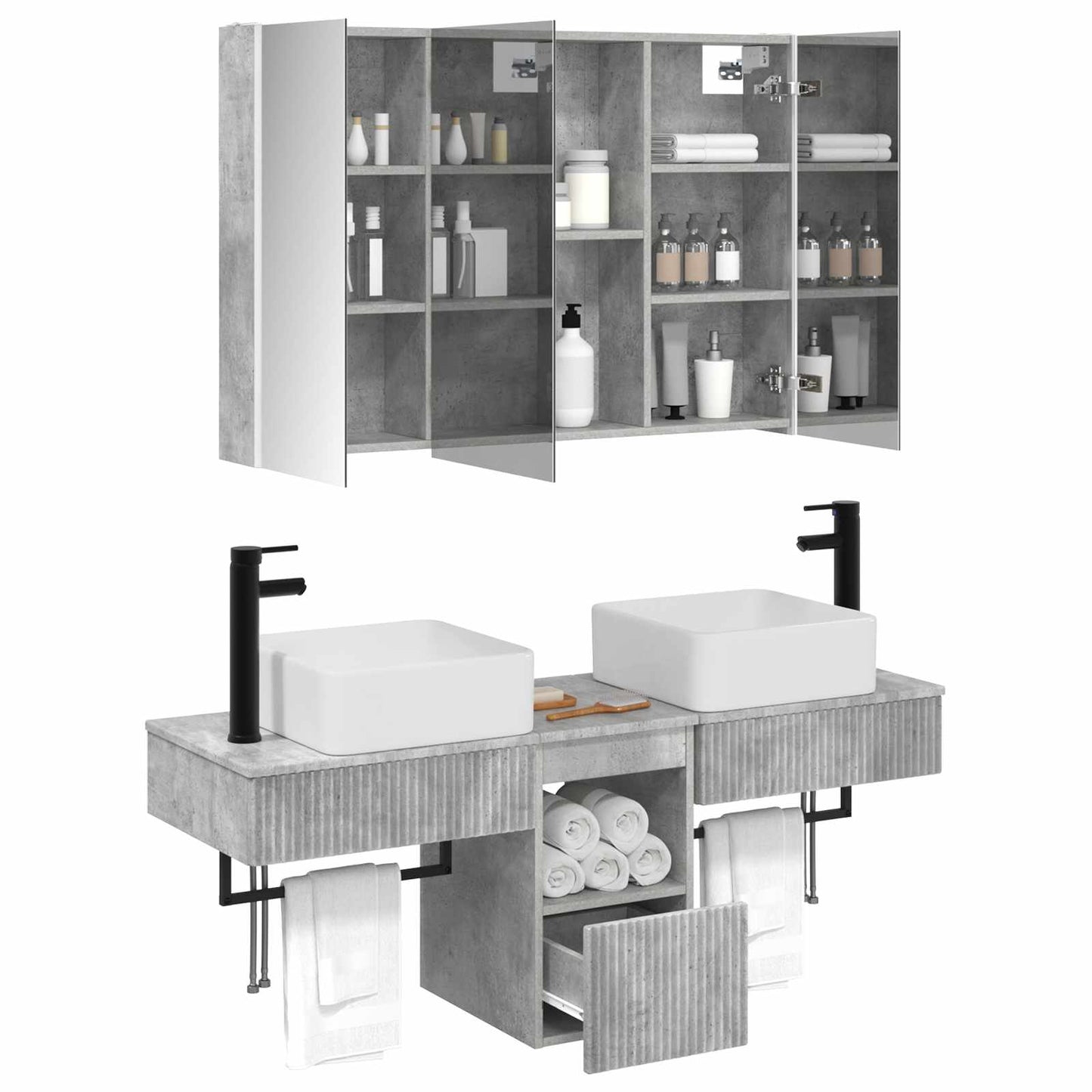 Badkamerkastenset 4 pcs Betongrijs 103,5 x 15,5 x 70 cm
