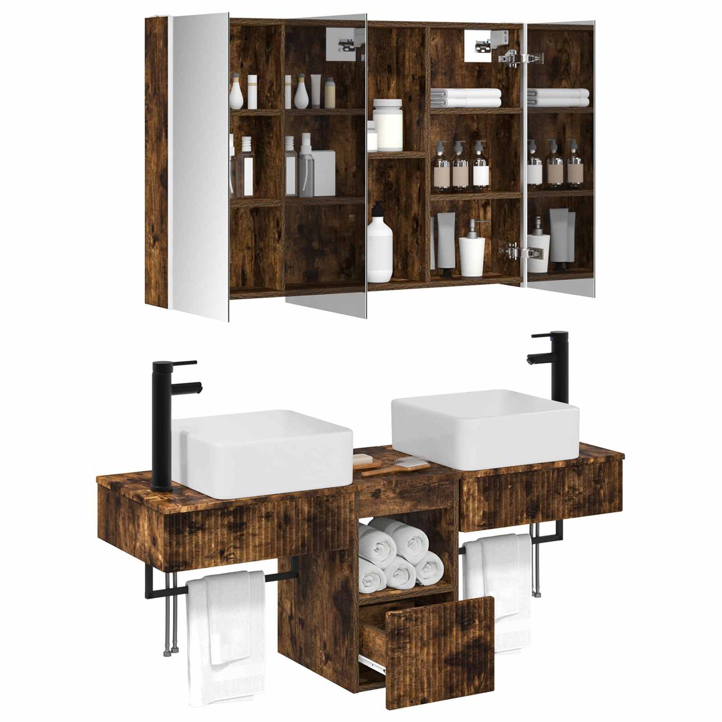 Badkamerkastenset 4 pcs Gerookt eiken 103,5 x 15,5 x 70 cm