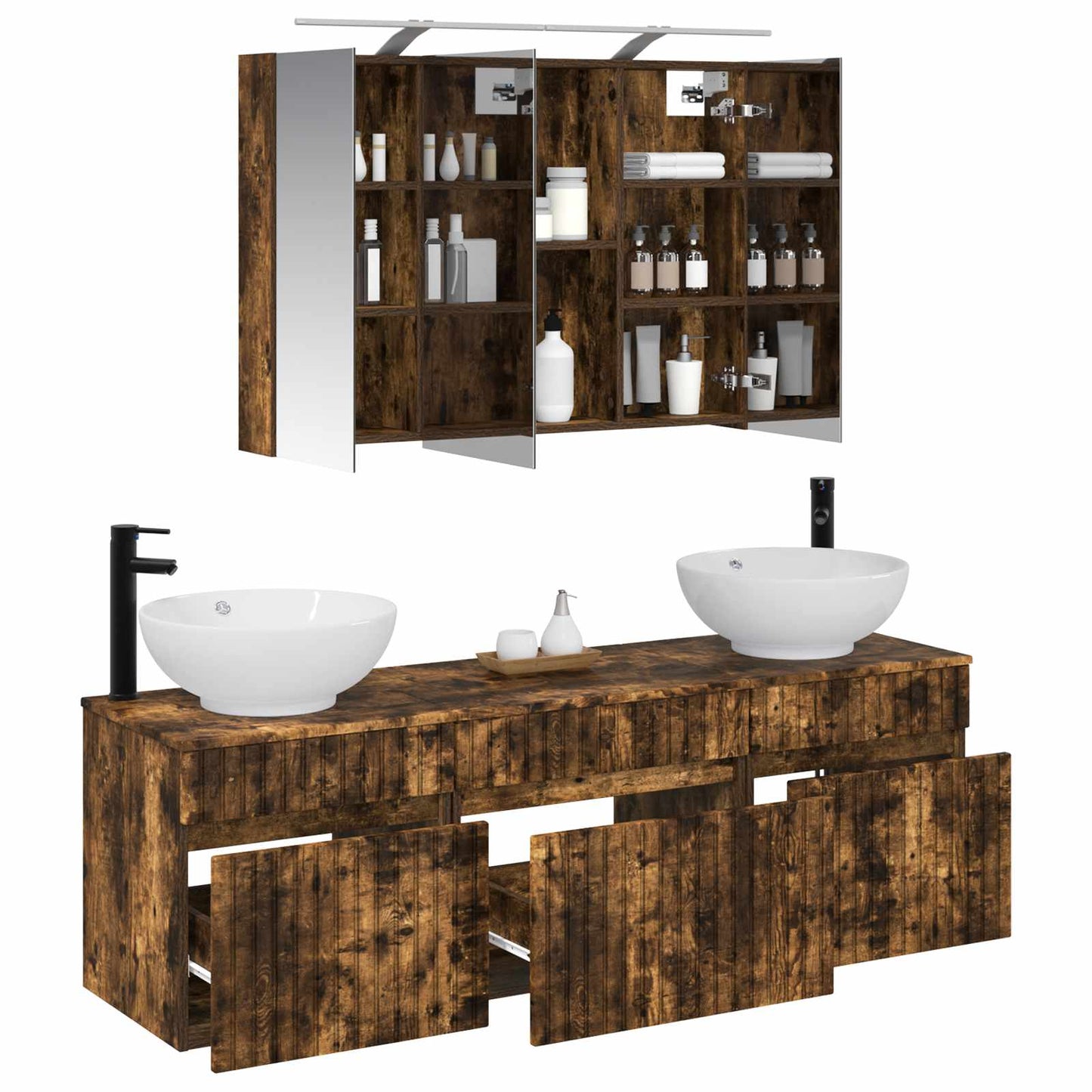 Badkamerkastenset 4 pcs Gerookt eiken 100 x 14,5 x 70 cm