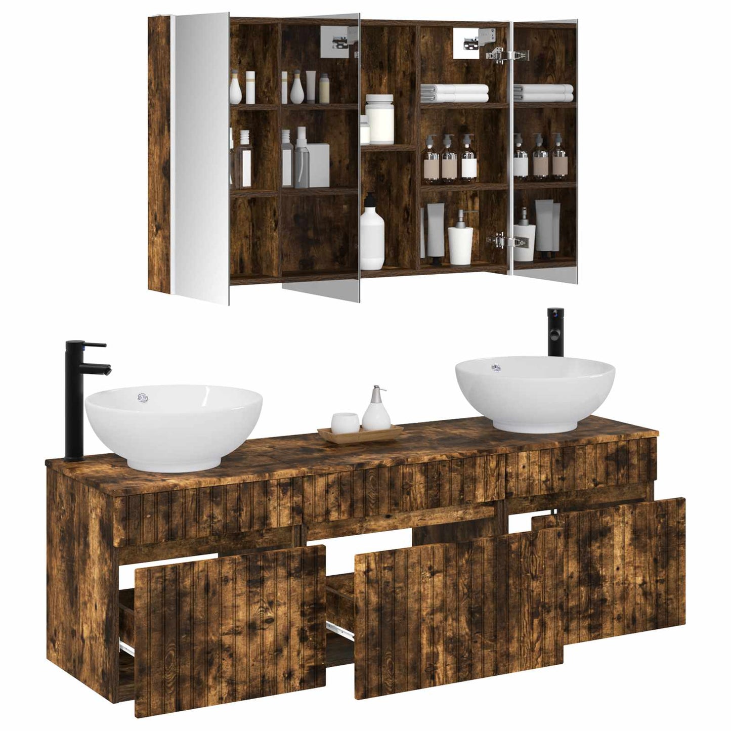 Badkamerkastenset 4 pcs Gerookt eiken 103,5 x 15,5 x 70 cm