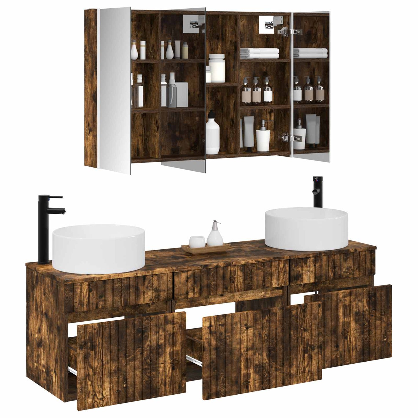 Badkamerkastenset 4 pcs Gerookt eiken 103,5 x 15,5 x 70 cm