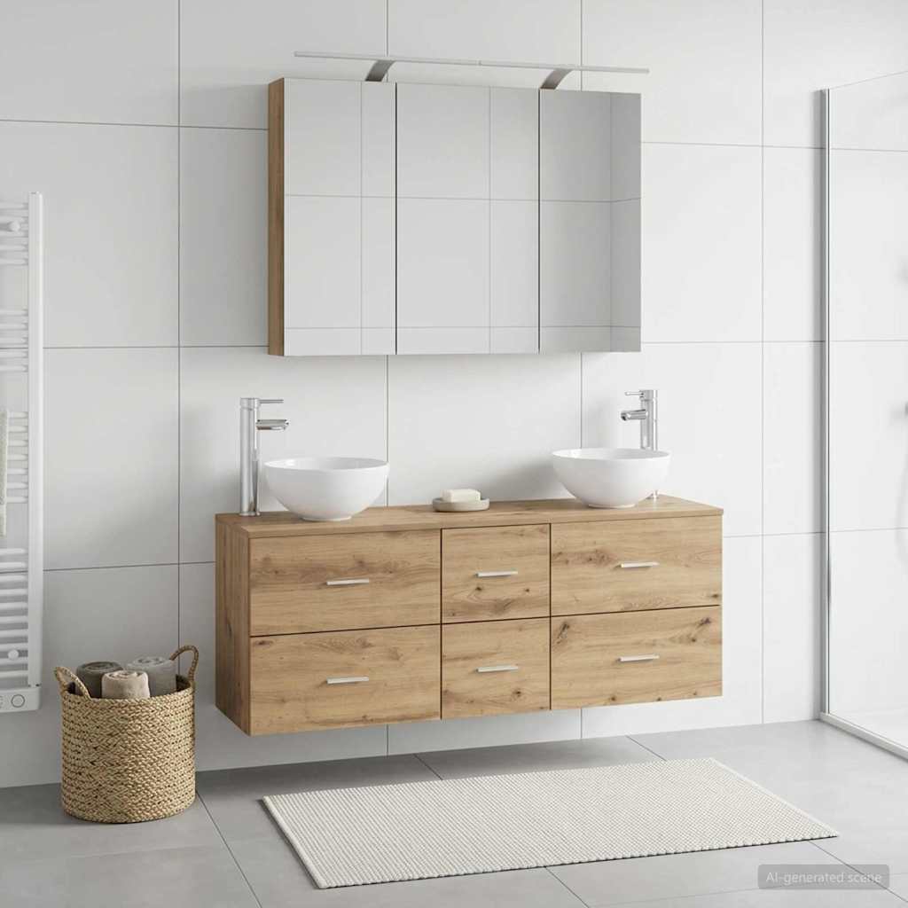 Badkamermeubelset 4 st Artisanaal eiken Bewerkt hout en glas is nu te koop bij PeponiXL, paradijselijk wonen!