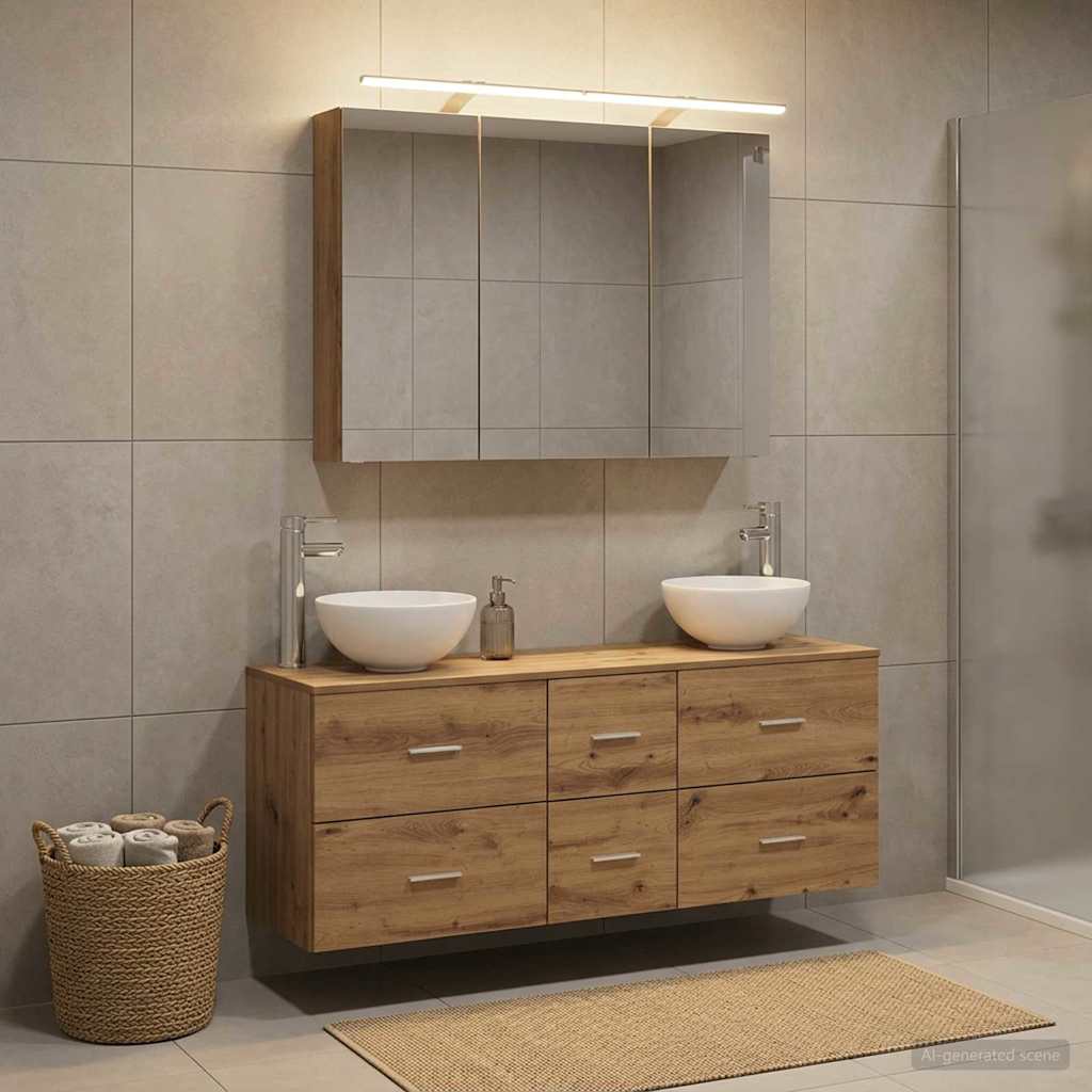 Badkamermeubelset 4 st Artisanaal eiken Bewerkt hout en glas is nu te koop bij PeponiXL, paradijselijk wonen!