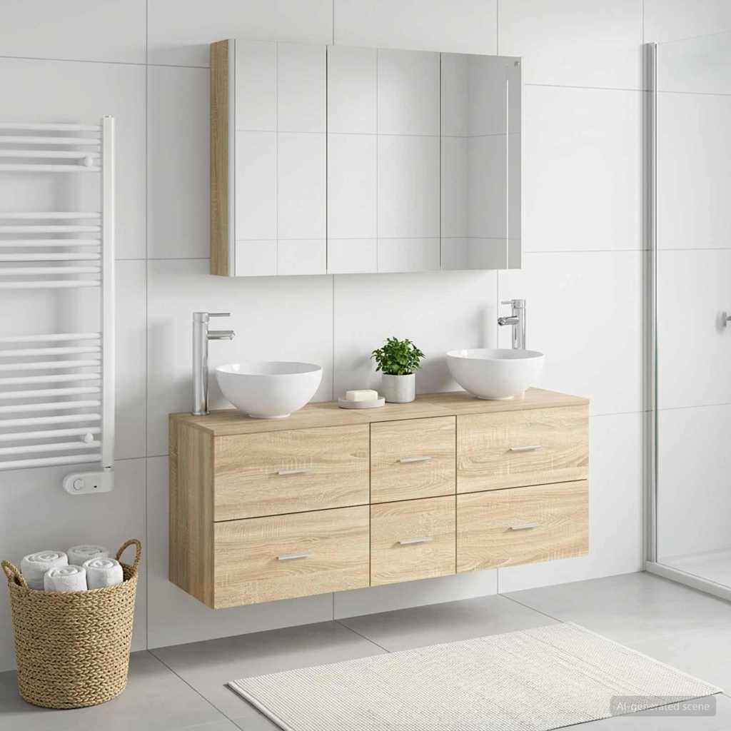 Badkamermeubelset 4 pcs Sonoma Eiken Bewerkt hout en glas