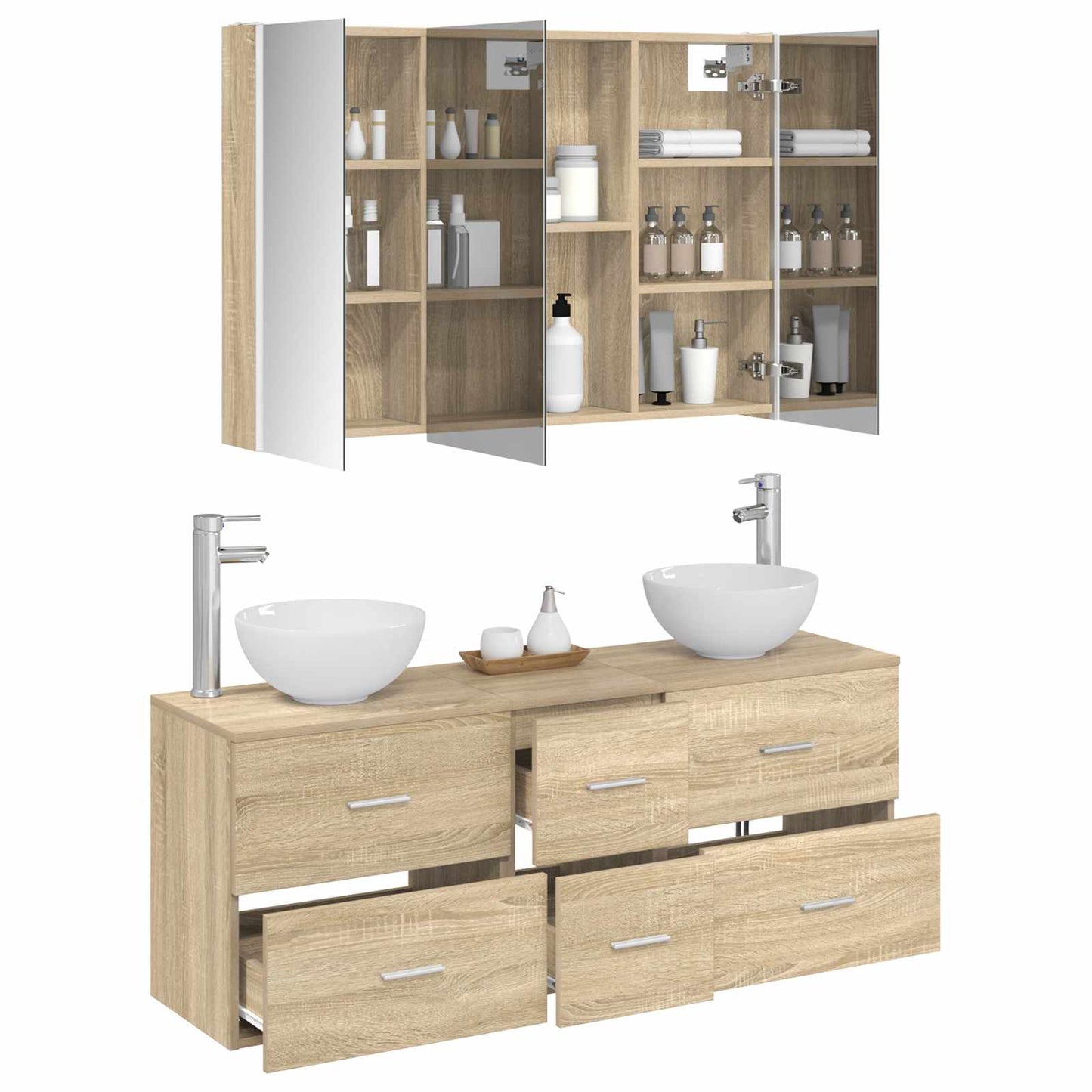 Badkamermeubelset 4 pcs Sonoma Eiken Bewerkt hout en glas
