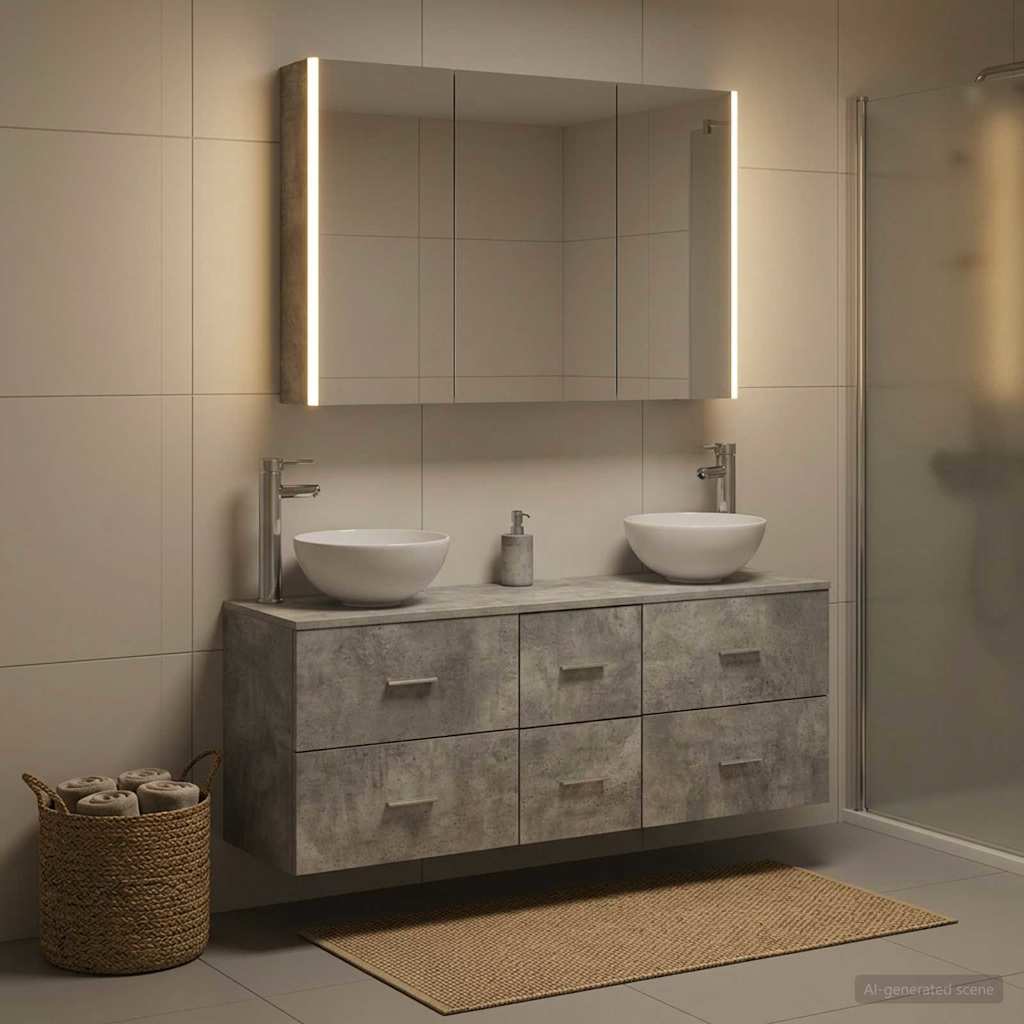 Badkamermeubelset 4 pcs Betongrijs Bewerkt hout en glas