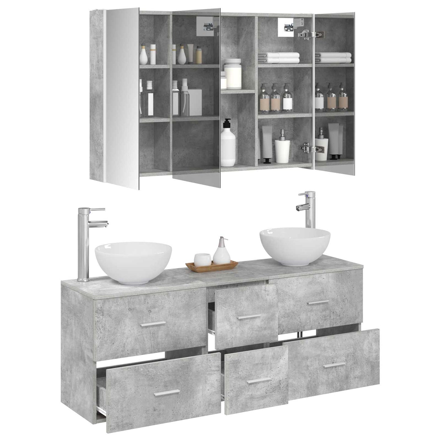 Badkamermeubelset 4 pcs Betongrijs Bewerkt hout en glas