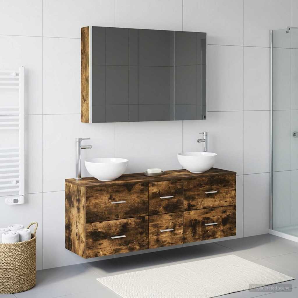 Badkamermeubelset 4 pcs Gerookt eiken Bewerkt hout en glas