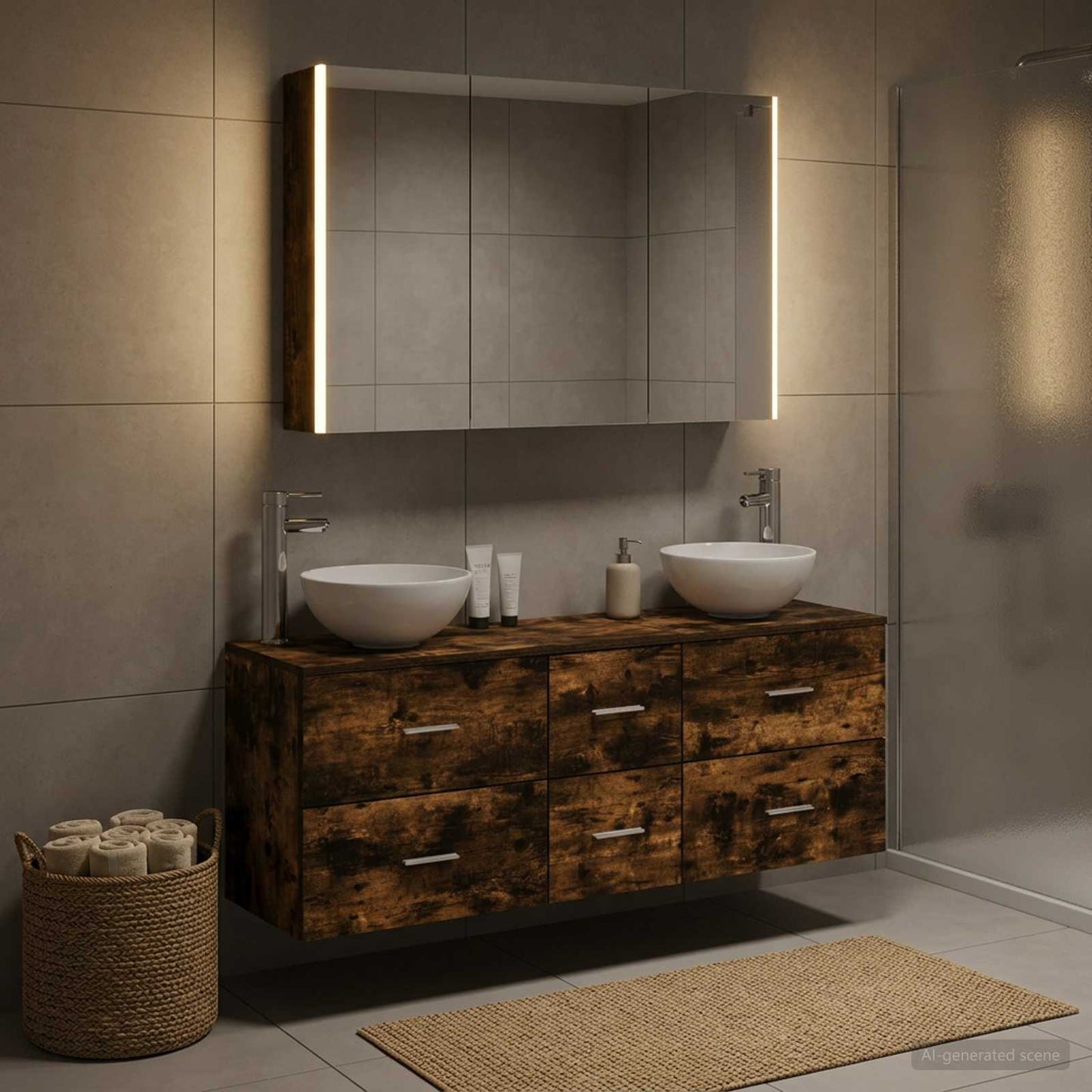 Badkamermeubelset 4 pcs Gerookt eiken Bewerkt hout en glas