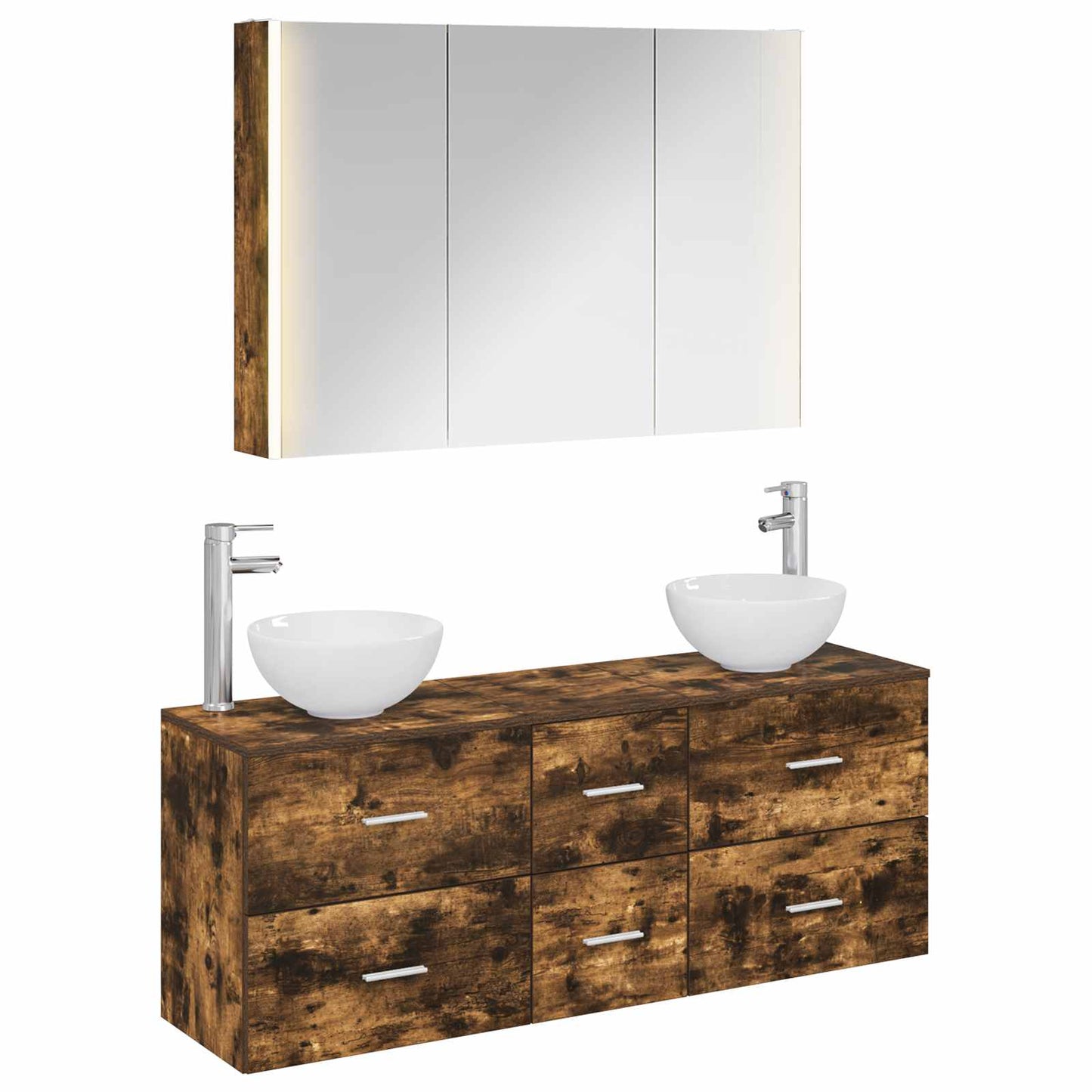 Badkamermeubelset 4 pcs Gerookt eiken Bewerkt hout en glas