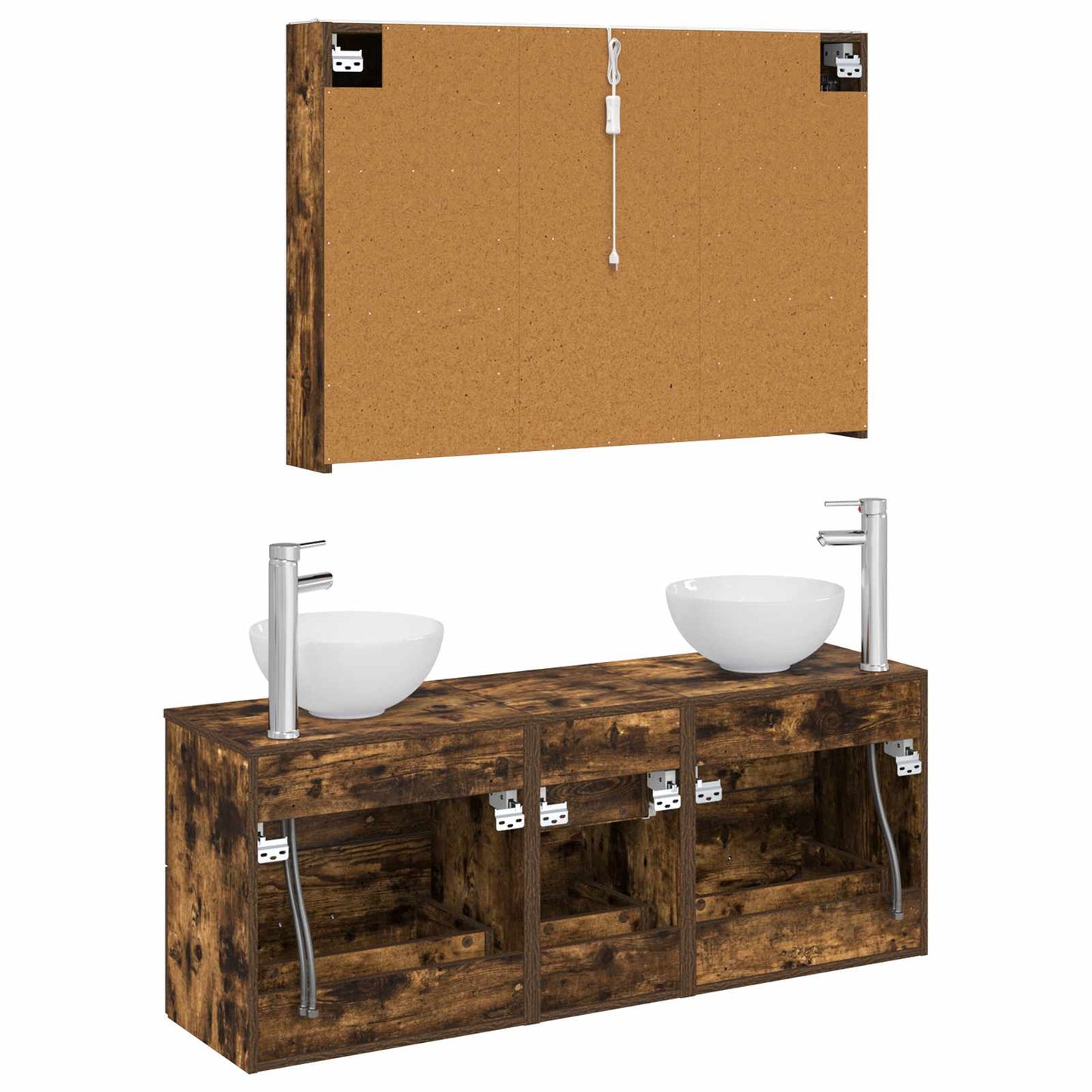Badkamermeubelset 4 pcs Gerookt eiken Bewerkt hout en glas