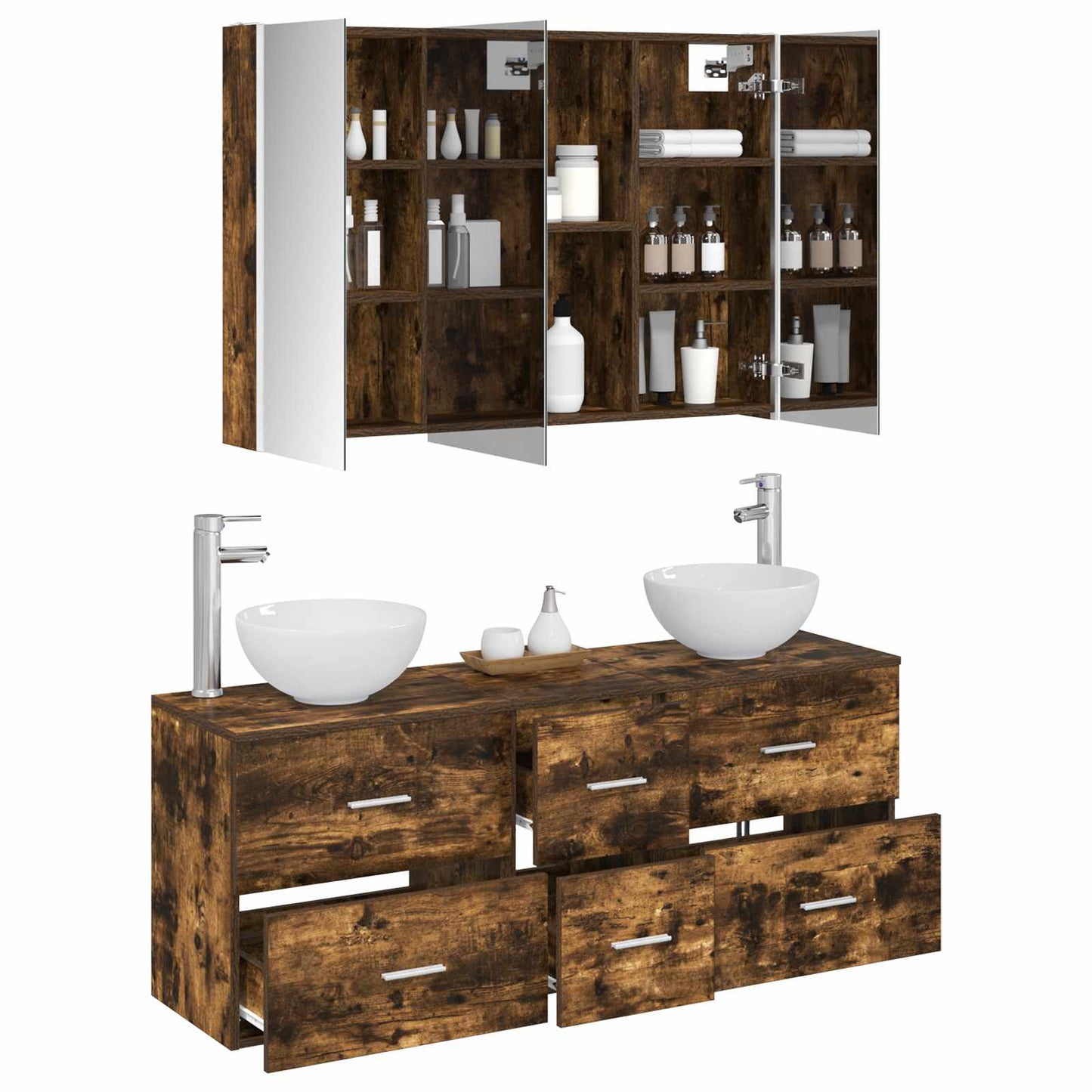 Badkamermeubelset 4 pcs Gerookt eiken Bewerkt hout en glas