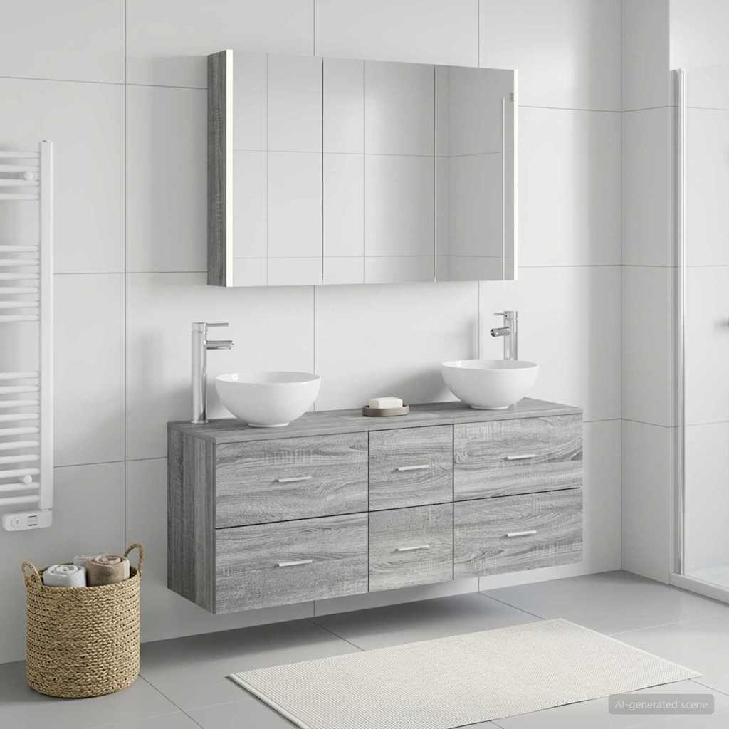 Badkamermeubelset 4 pcs Grijs Sonoma Bewerkt hout en glas