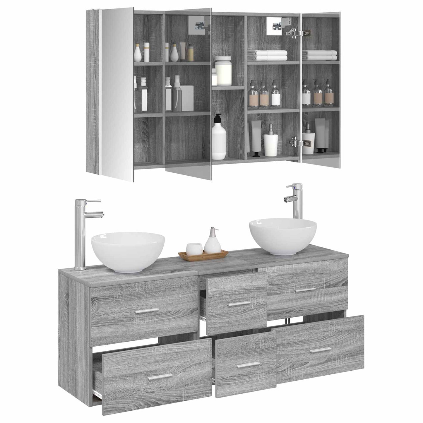 Badkamermeubelset 4 pcs Grijs Sonoma Bewerkt hout en glas