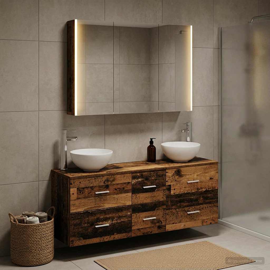 Badkamermeubelset 4 pcs Oud hout Bewerkt hout en glas