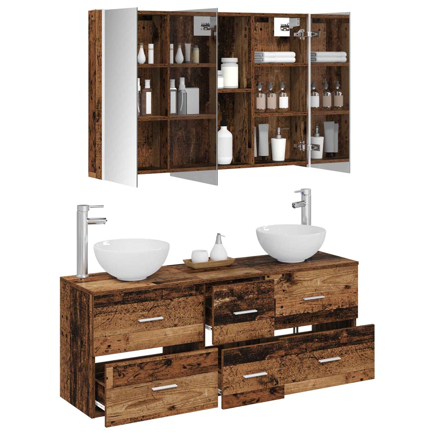 Badkamermeubelset 4 pcs Oud hout Bewerkt hout en glas