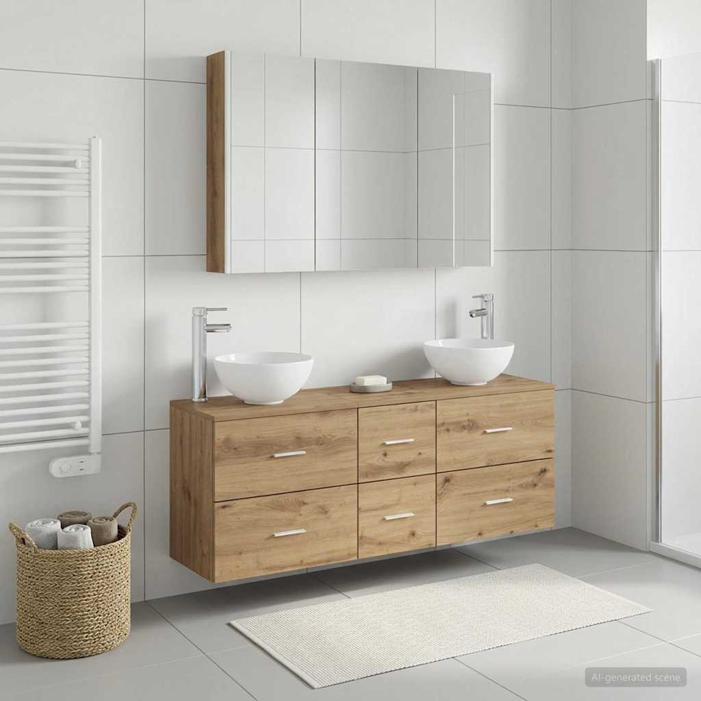 Badkamermeubelset 4 pcs Artisanaal eiken Bewerkt hout en glas