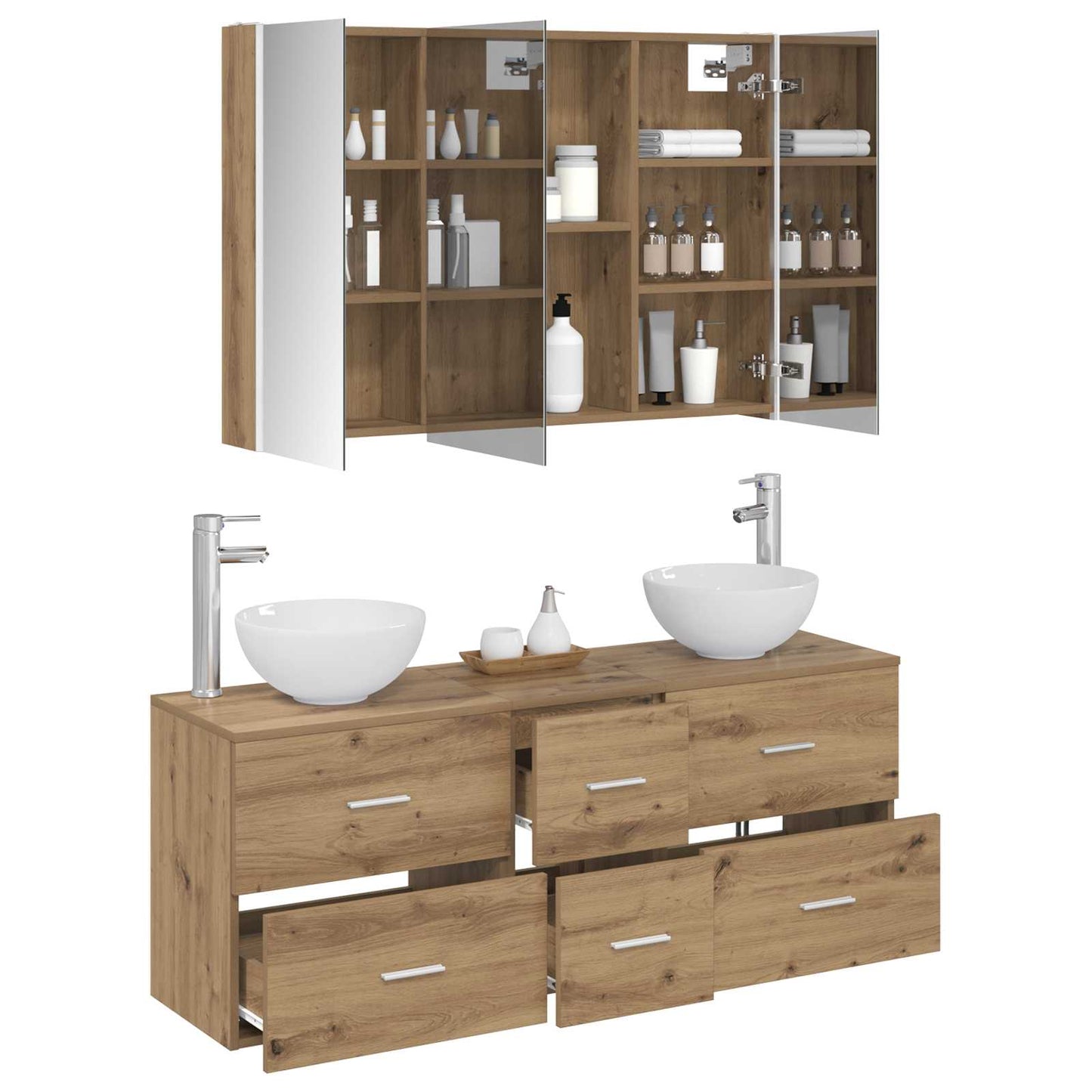 Badkamermeubelset 4 pcs Artisanaal eiken Bewerkt hout en glas