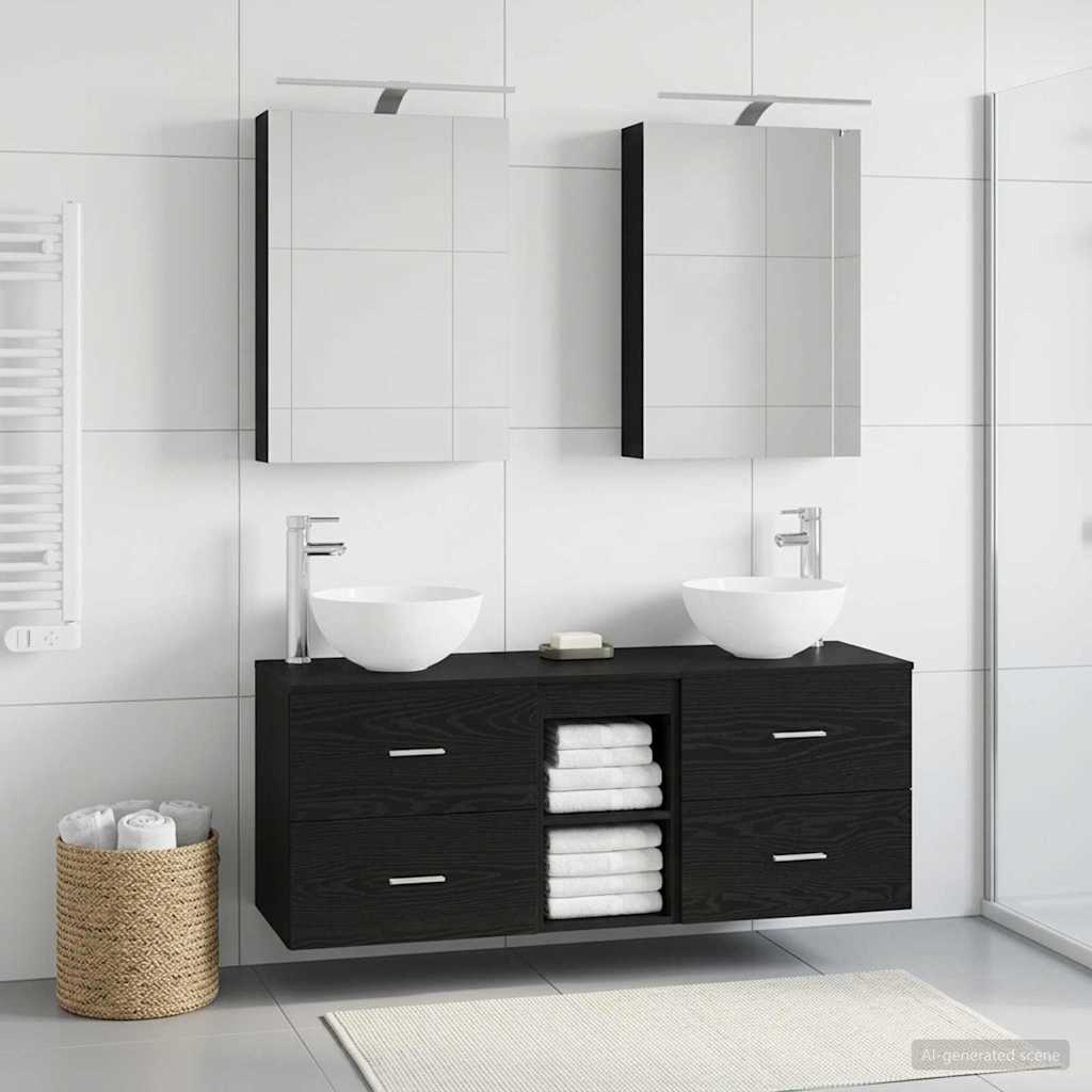 Badkamermeubelset 5 pcs Zwart eiken Bewerkt hout en glas