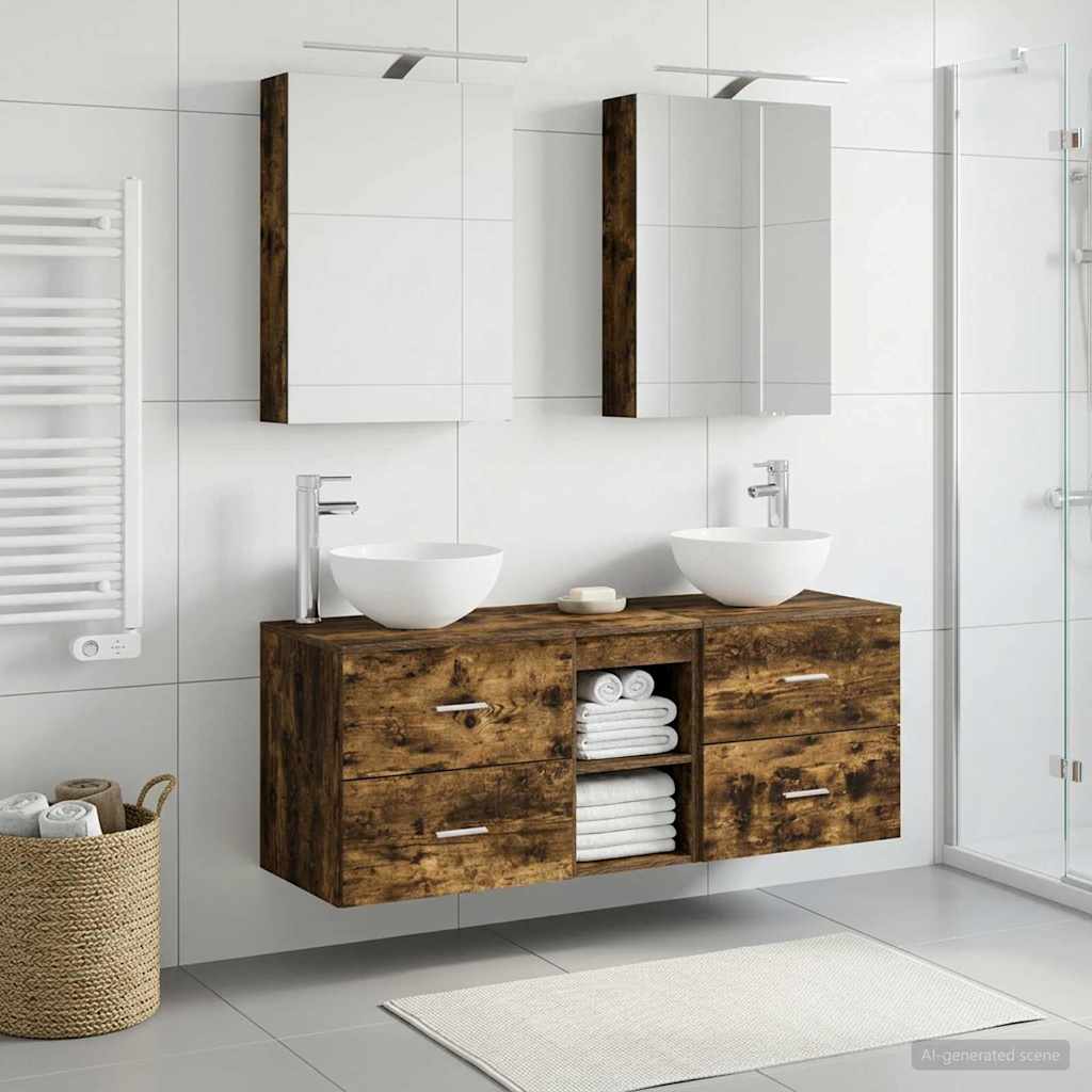 Badkamermeubelset 5 pcs Gerookt eiken Bewerkt hout en glas