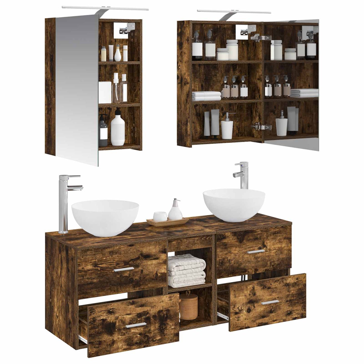 Badkamermeubelset 5 pcs Gerookt eiken Bewerkt hout en glas