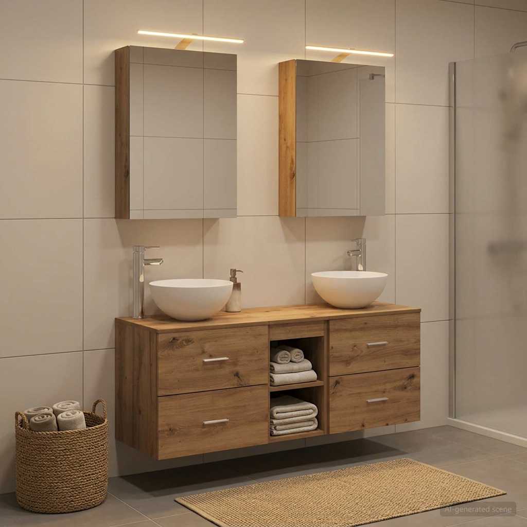 Badkamermeubelset 5 st Artisanaal eiken Bewerkt hout en glas is nu te koop bij PeponiXL, paradijselijk wonen!