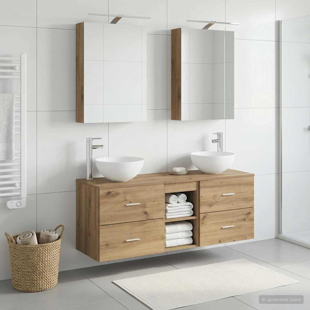 Badkamermeubelset 5 st Artisanaal eiken Bewerkt hout en glas is nu te koop bij PeponiXL, paradijselijk wonen!