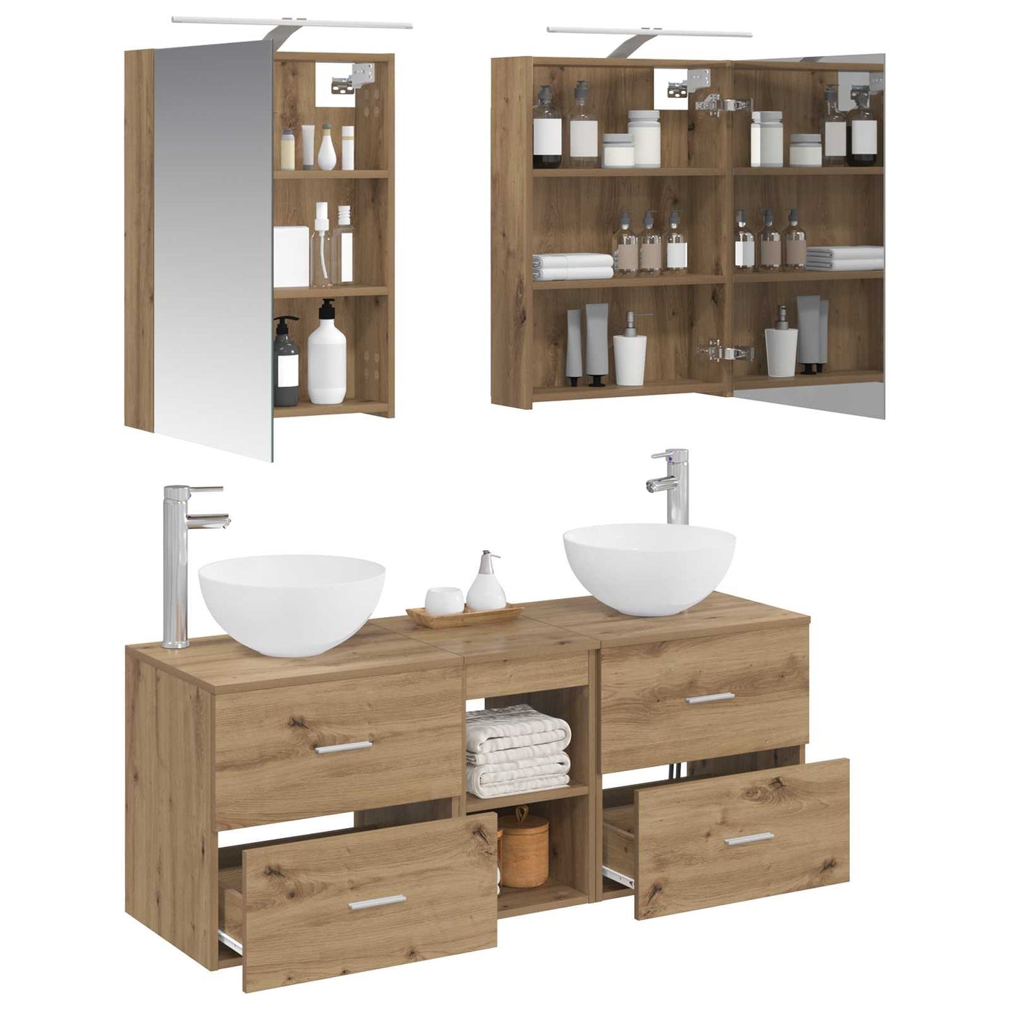 Badkamermeubelset 5 st Artisanaal eiken Bewerkt hout en glas is nu te koop bij PeponiXL, paradijselijk wonen!