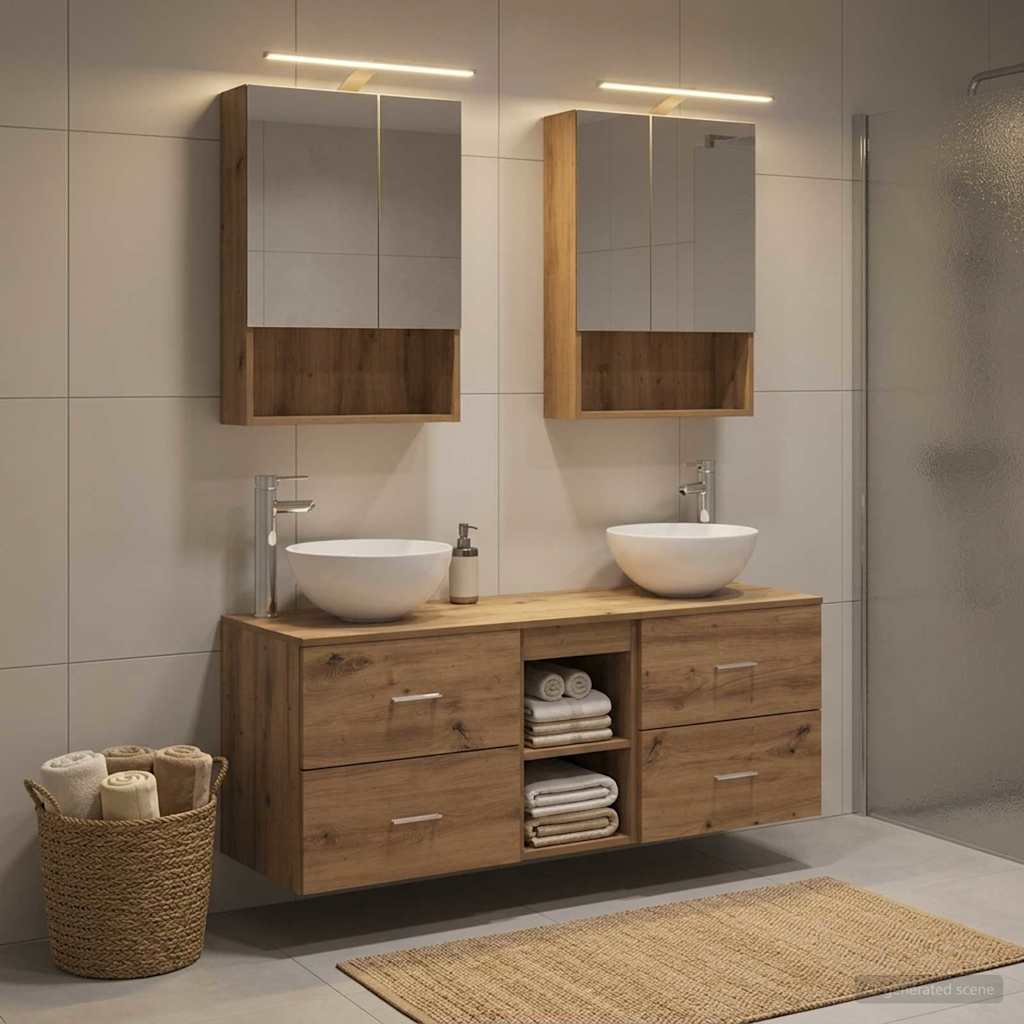Badkamermeubelset 5 st Artisanaal eiken Bewerkt hout en glas is nu te koop bij PeponiXL, paradijselijk wonen!