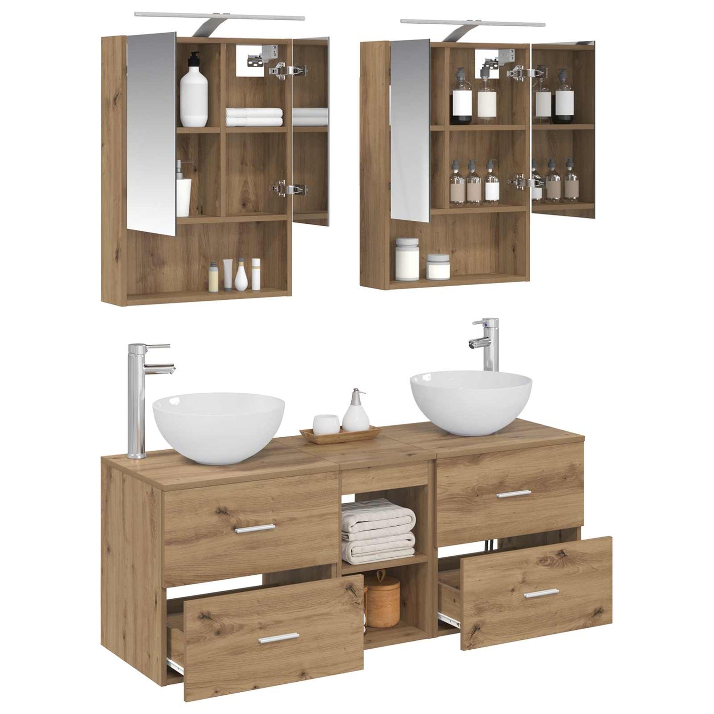 Badkamermeubelset 5 st Artisanaal eiken Bewerkt hout en glas is nu te koop bij PeponiXL, paradijselijk wonen!