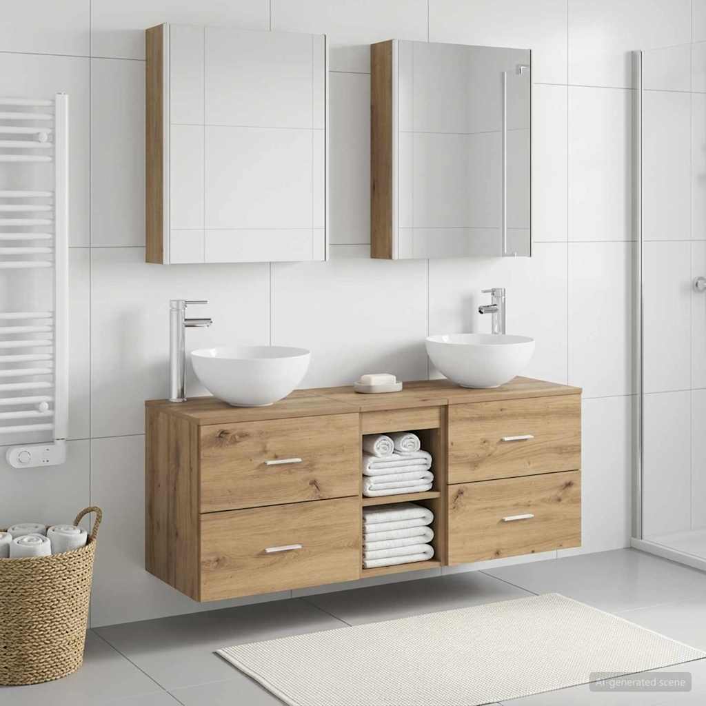 Badkamermeubelset 5 st Artisanaal eiken Bewerkt hout en glas is nu te koop bij PeponiXL, paradijselijk wonen!